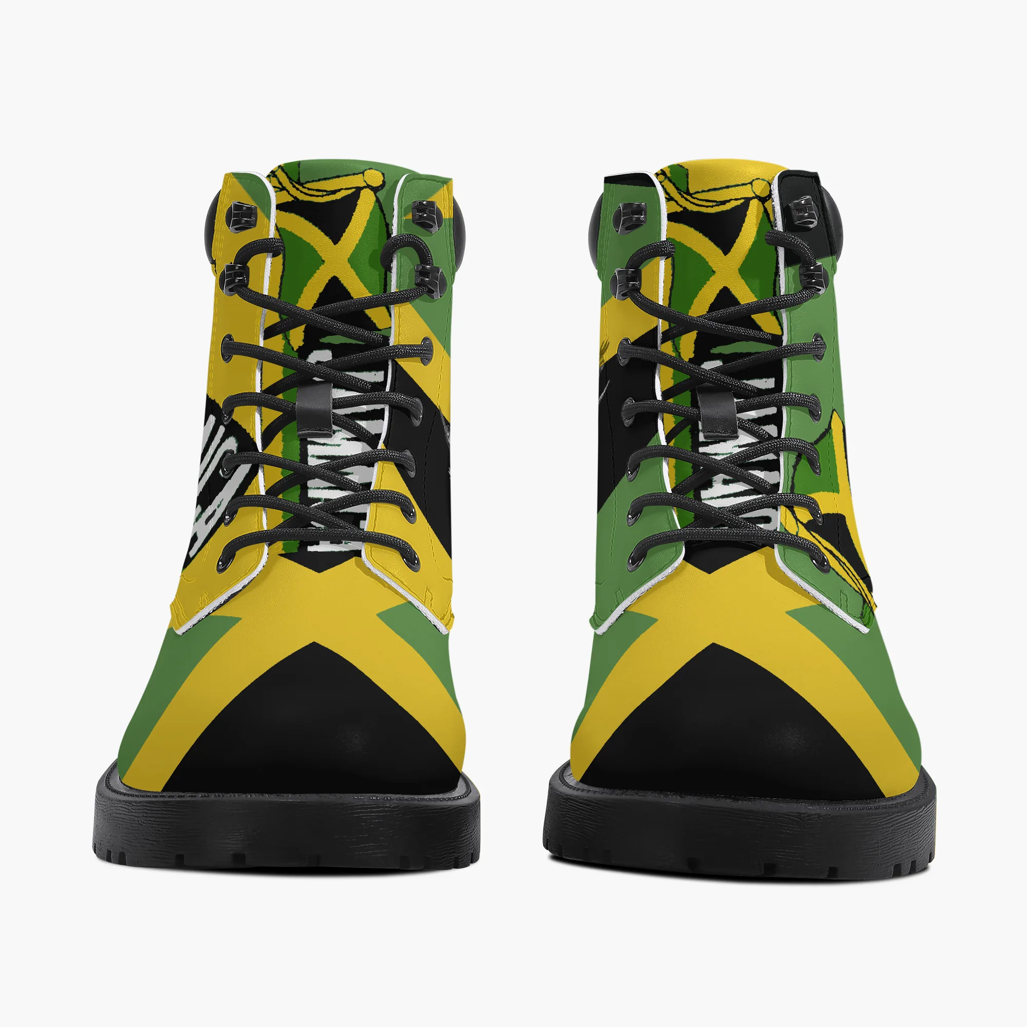 Jamaica Flag Out of Many One People Leather Boots. Unisex casual leather boot. Jamaican pride with flag and coat of arms. Rastasseed Merchandise. Boots front view
