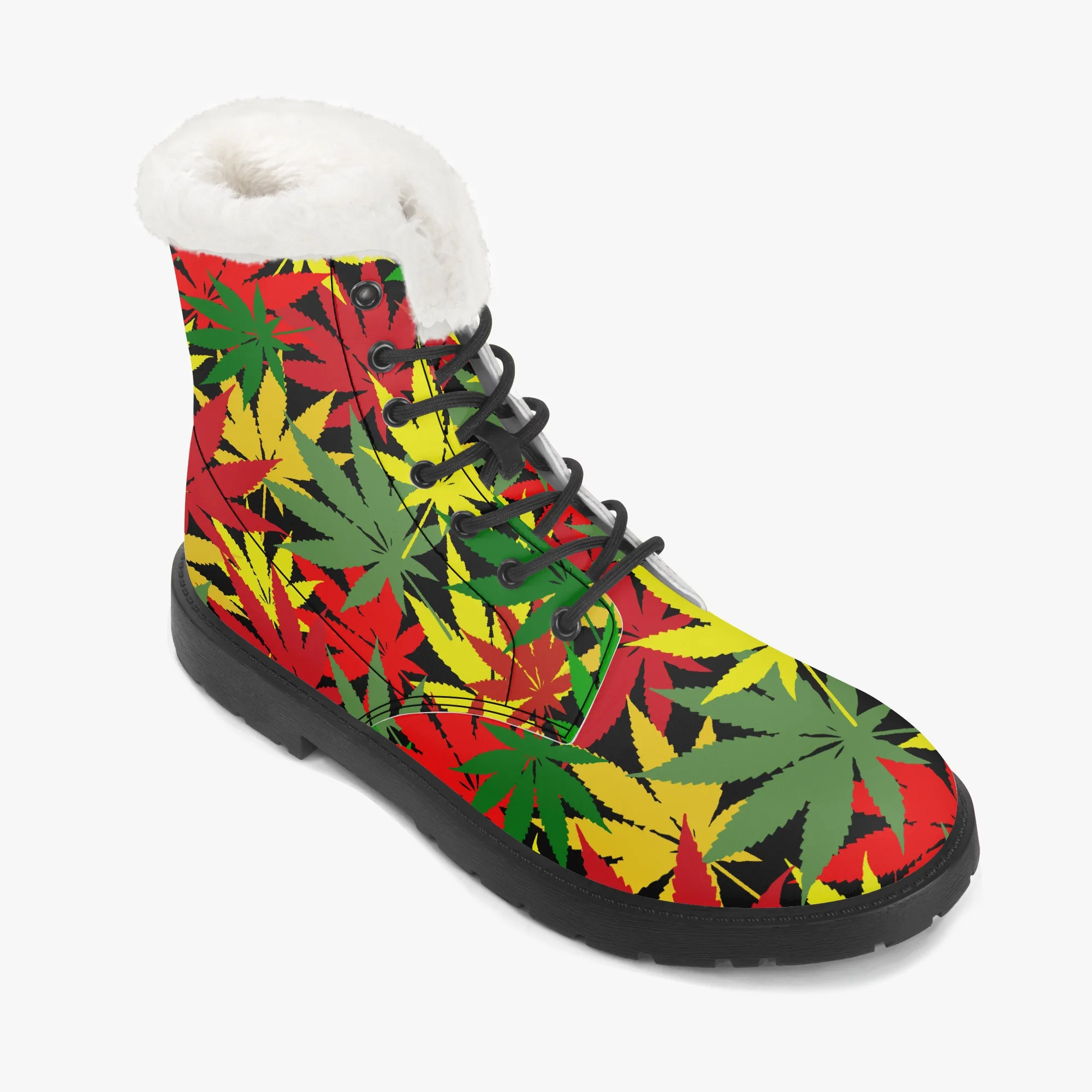 Rasta Hemp Leaf Faux Fur Leather Boots. Hemp leaf pattern in Rastafarian colors. Rastaseed merchandise Jamaican Reggae gear and clothing. Right outside view.