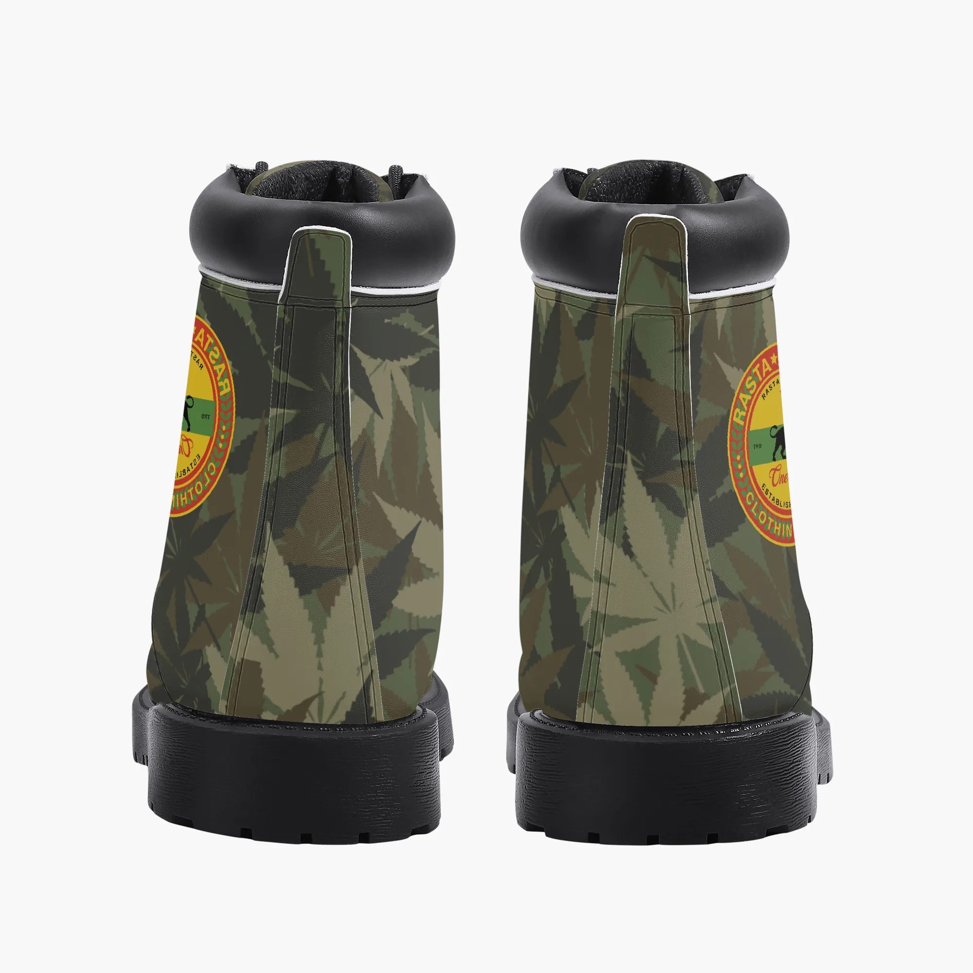 Rasta Gideon Boots in a Hemp Camouflage Pattern with Rasta flag and Lion of Judah trim. Rastaseed original Jamaican clothing shoes and gear. Back view