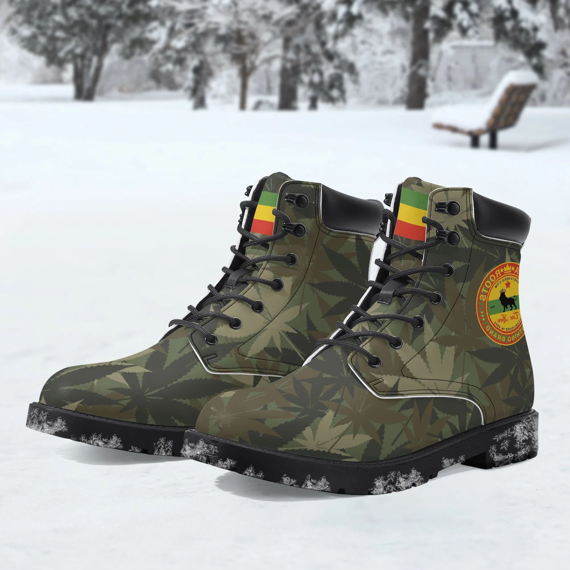 Rasta Gideon Boots in a Hemp Camouflage Pattern with Rasta flag and Lion of Judah trim. Rastaseed original Jamaican clothing shoes and gear. Outside in the snow view.