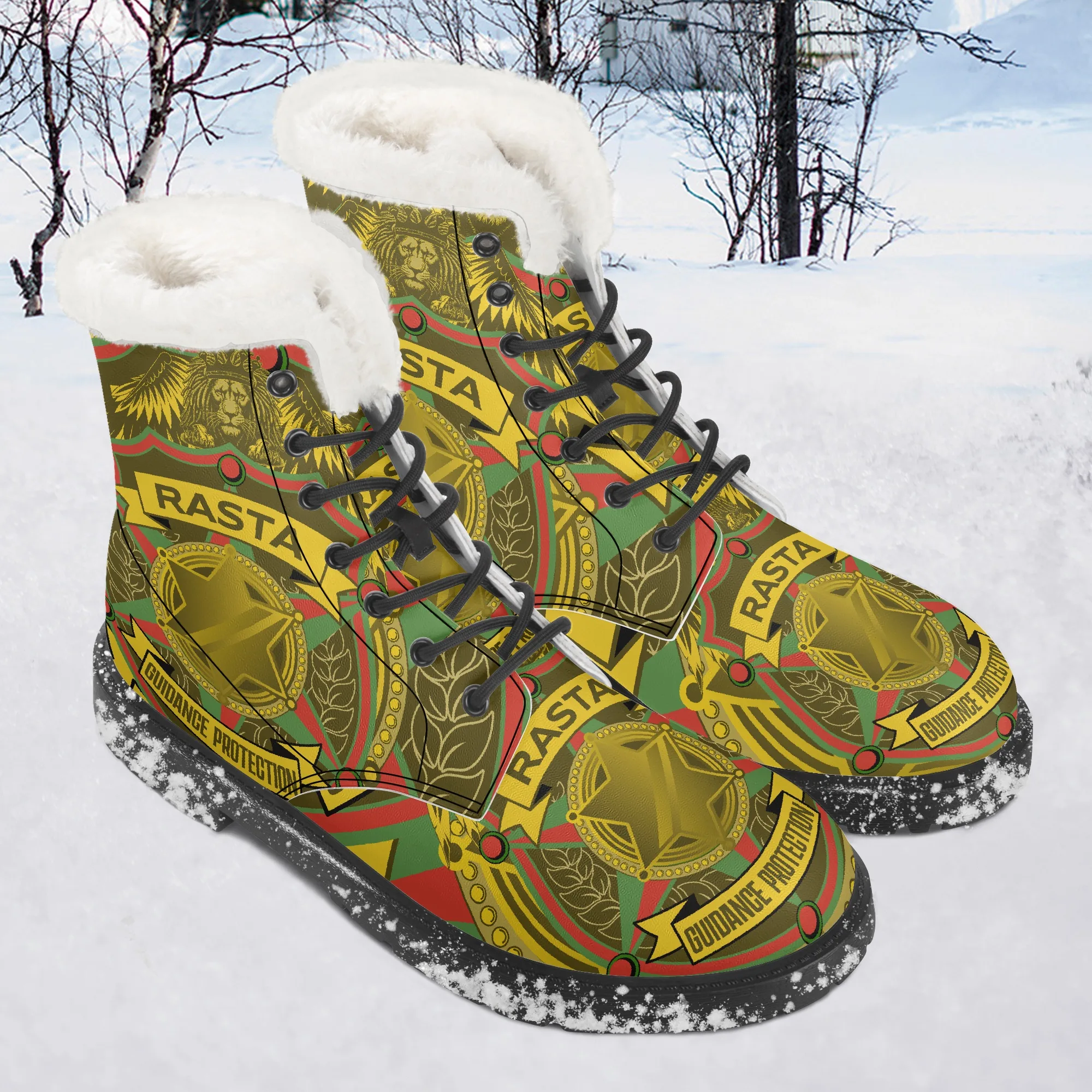 Rasta Soldiers of Jah Army boots. Unisex style made from Leather with faux fur lining and non-slip sole. Rastaseed Boot collection. Jamaican Reggae styles. Boots snow view.