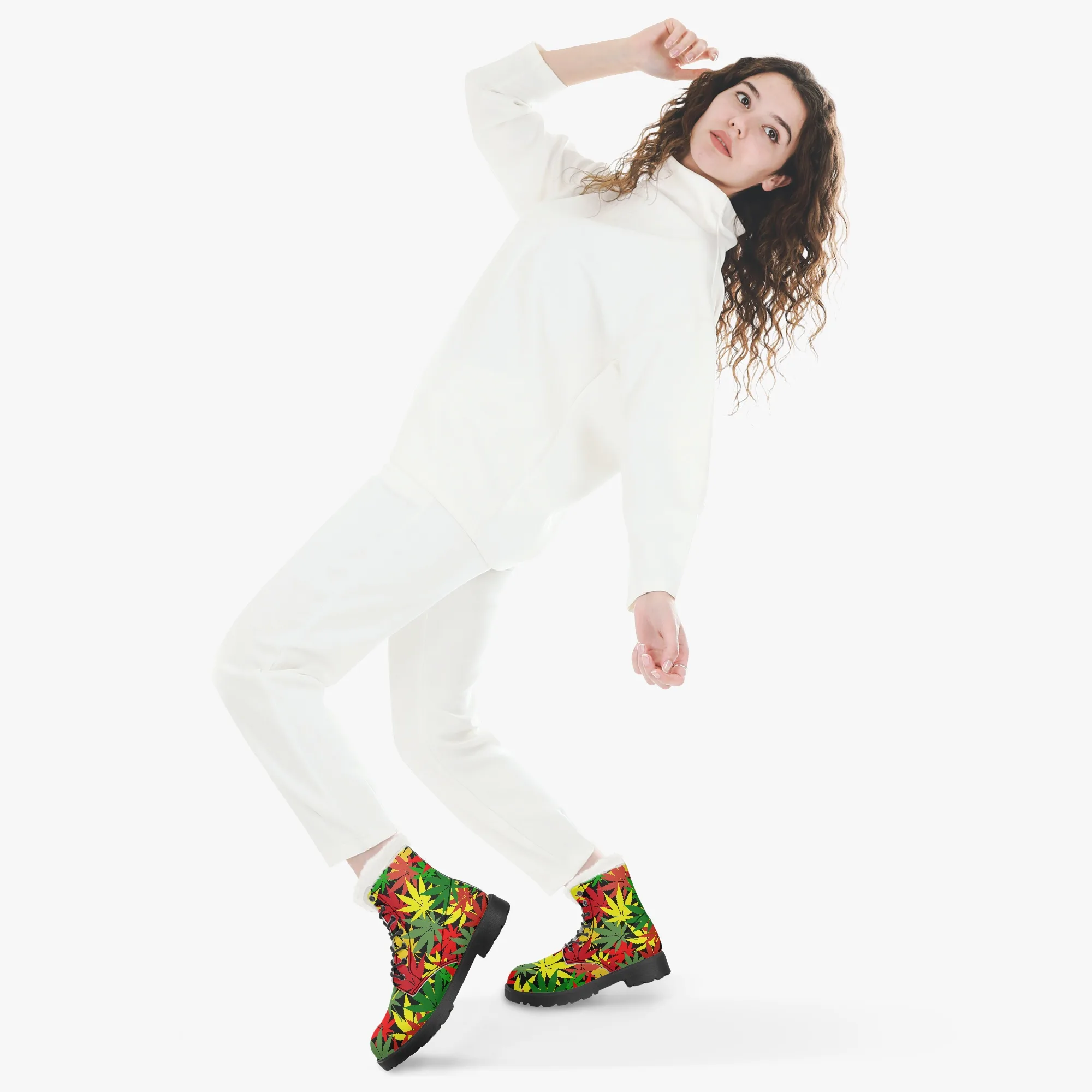 Rasta Hemp Leaf Faux Fur Leather Boots. Hemp leaf pattern in Rastafarian colors. Rastaseed merchandise Jamaican Reggae gear and clothing. Boots model view