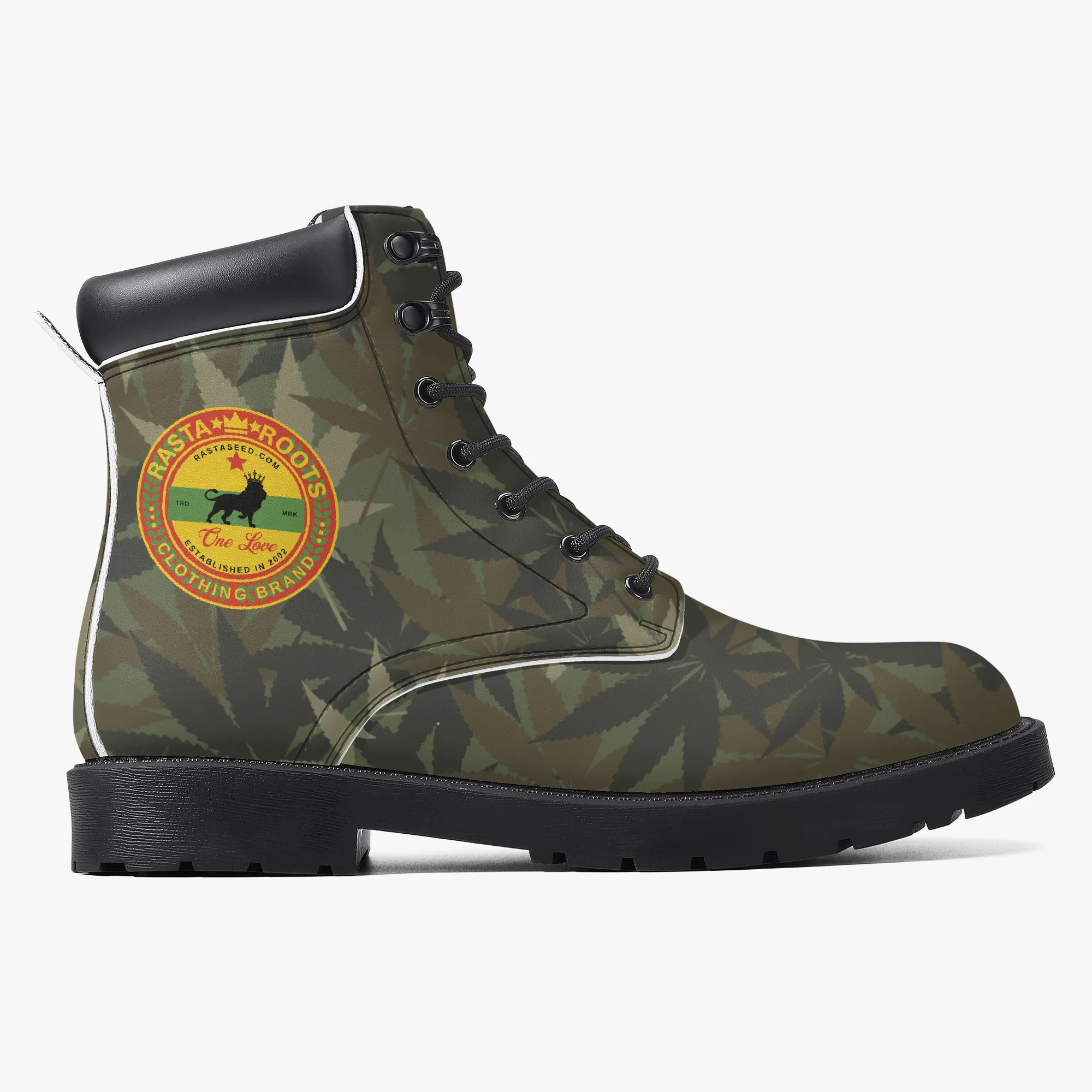 Rasta Gideon Boots in a Hemp Camouflage Pattern with Rasta flag and Lion of Judah trim. Rastaseed original Jamaican clothing shoes and gear. Right outside view.