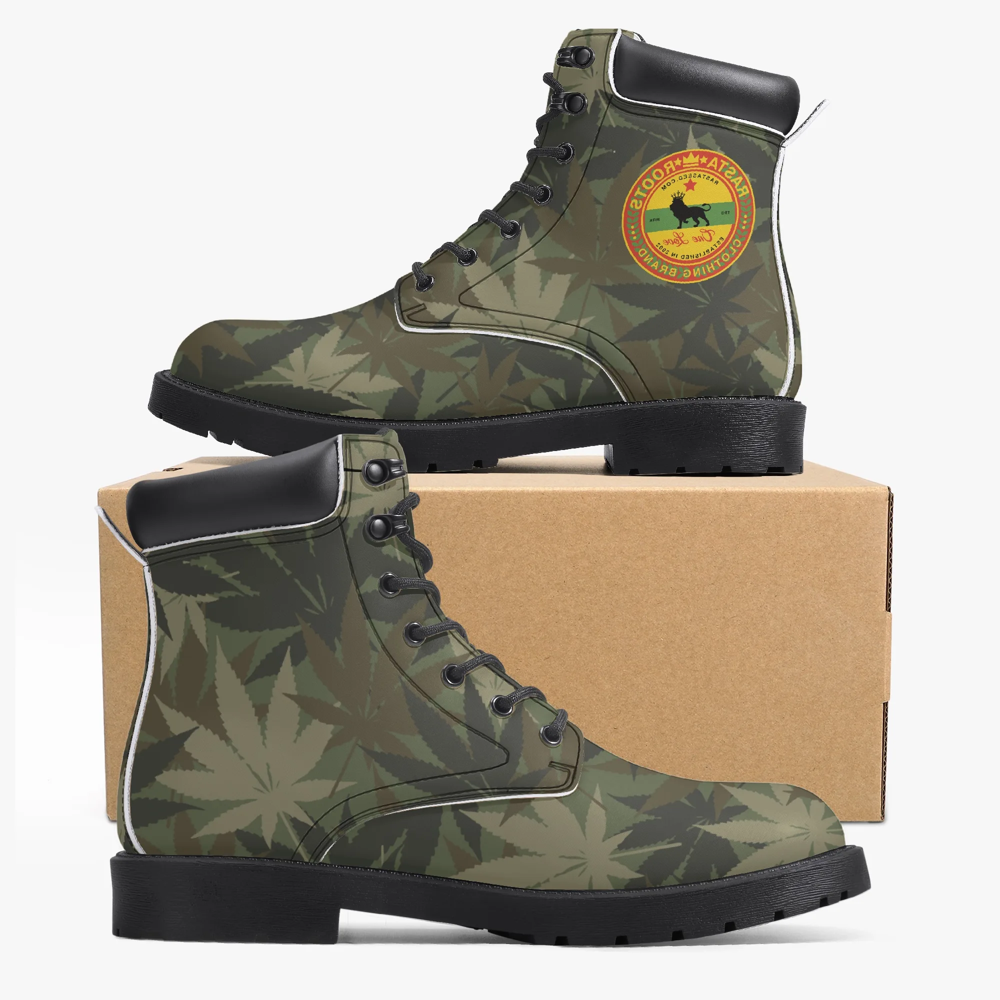 Rasta Gideon Boots in a Hemp Camouflage Pattern with Rasta flag and Lion of Judah trim. Rastaseed original Jamaican clothing shoes and gear. Both shoes view.