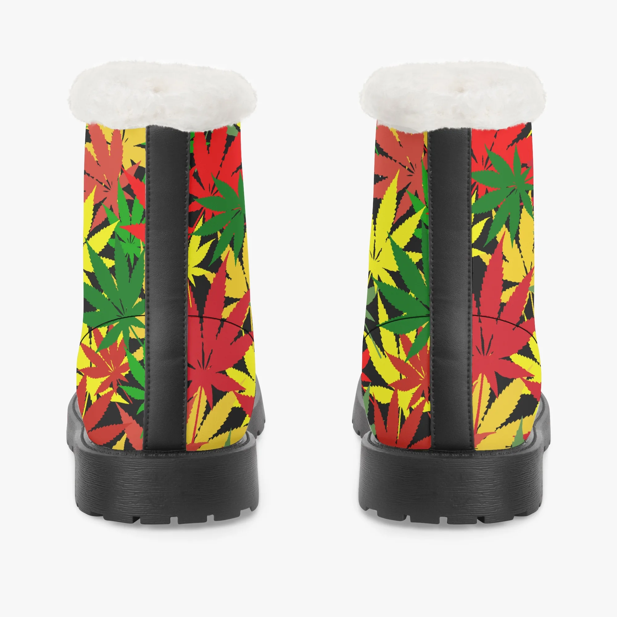 Rasta Hemp Leaf Faux Fur Leather Boots. Hemp leaf pattern in Rastafarian colors. Rastaseed merchandise Jamaican Reggae gear and clothing. Boots back view