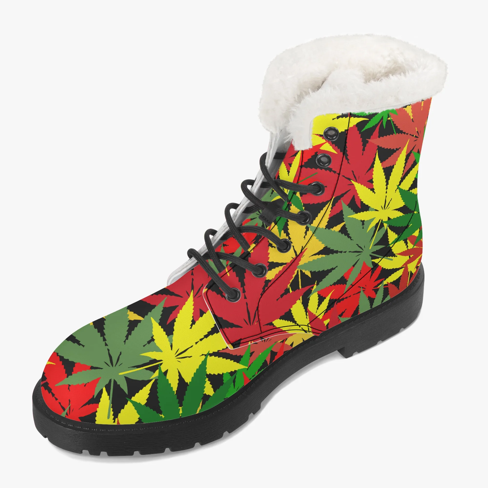 Rasta Hemp Leaf Faux Fur Leather Boots. Hemp leaf pattern in Rastafarian colors. Rastaseed merchandise Jamaican Reggae gear and clothing. Right inside view