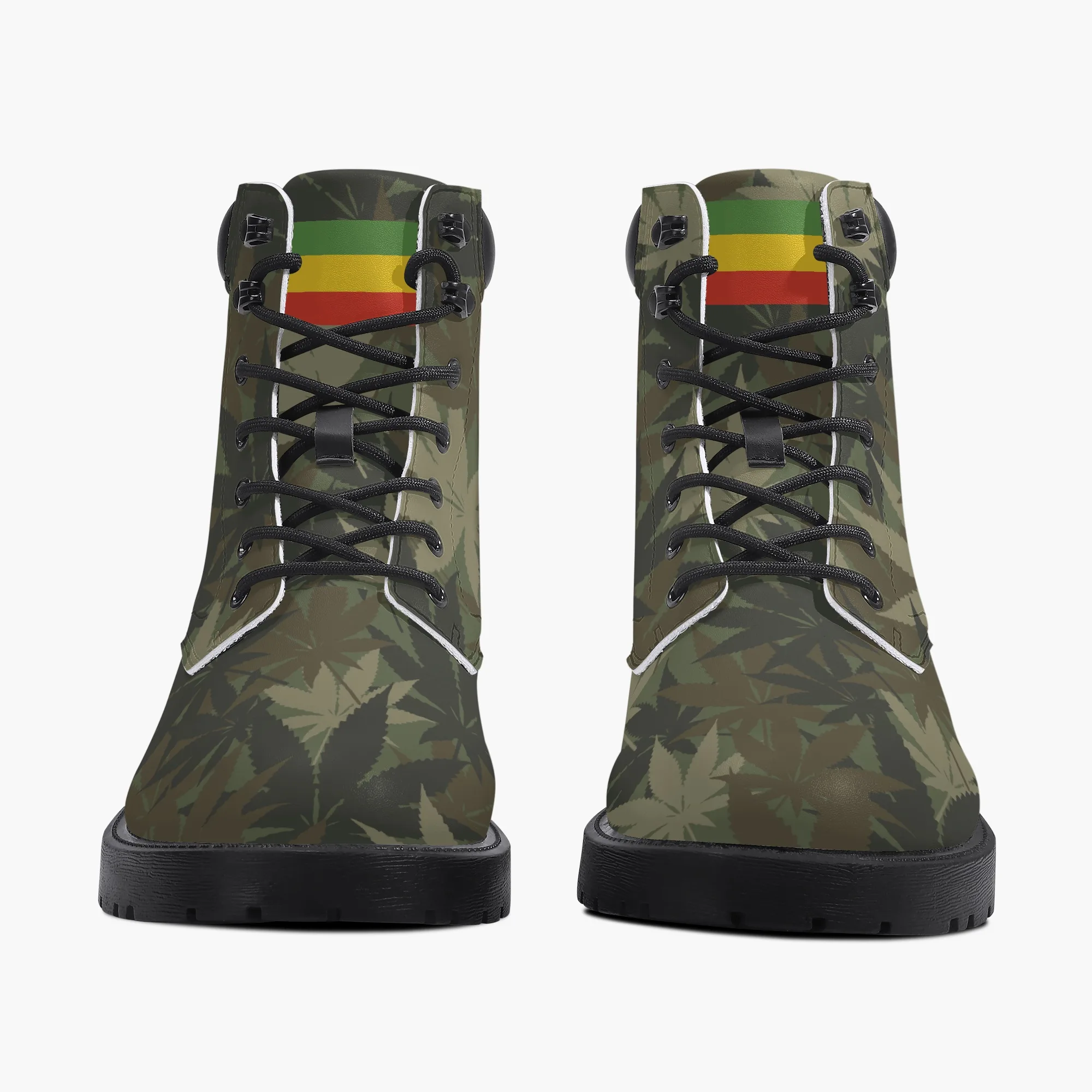 Rasta Gideon Boots in a Hemp Camouflage Pattern with Rasta flag and Lion of Judah trim. Rastaseed original Jamaican clothing shoes and gear. Front view.