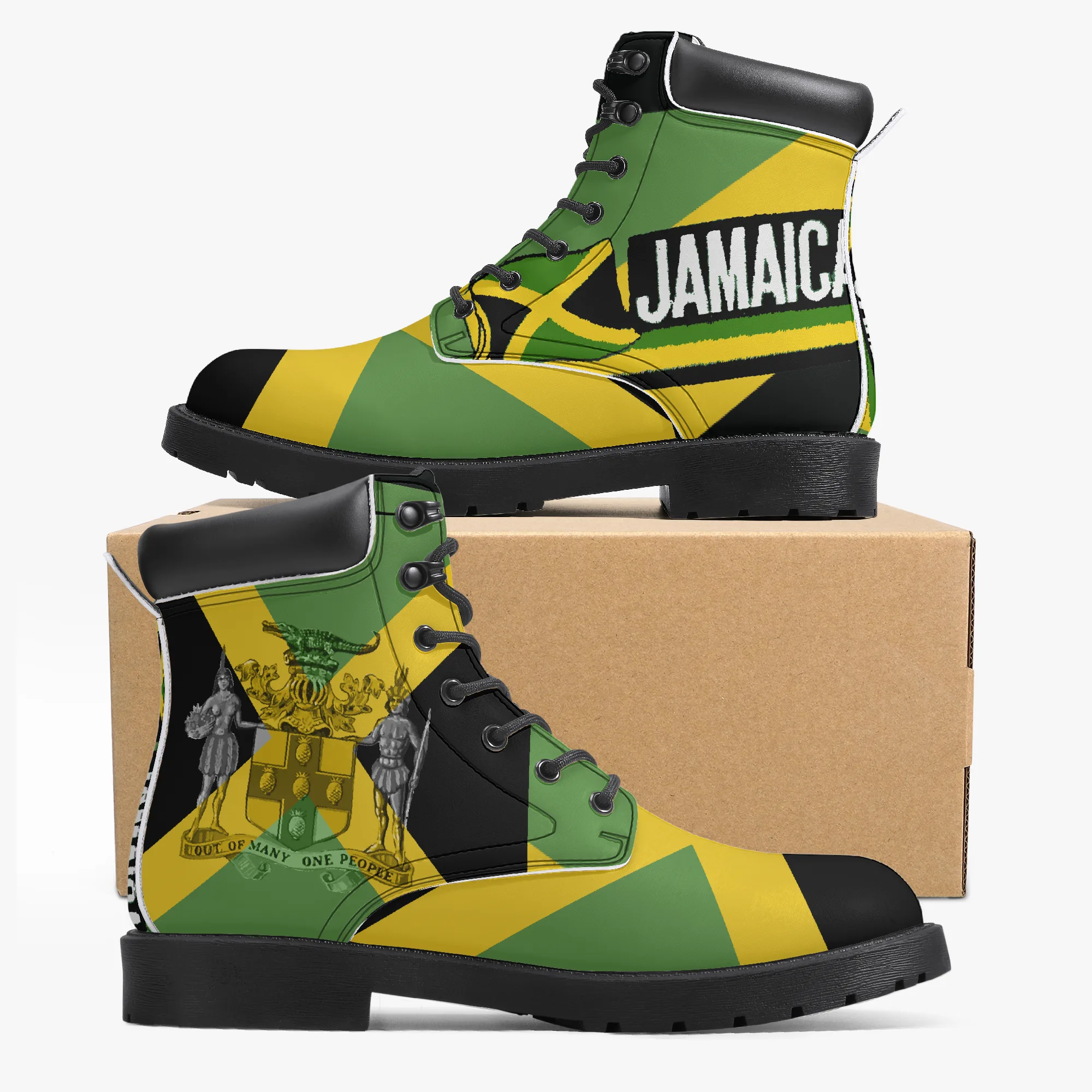 Jamaica Flag Out of Many One People Leather Boots. Unisex casual leather boot. Jamaican pride with flag and coat of arms. Rastasseed Merchandise. Boots box view.