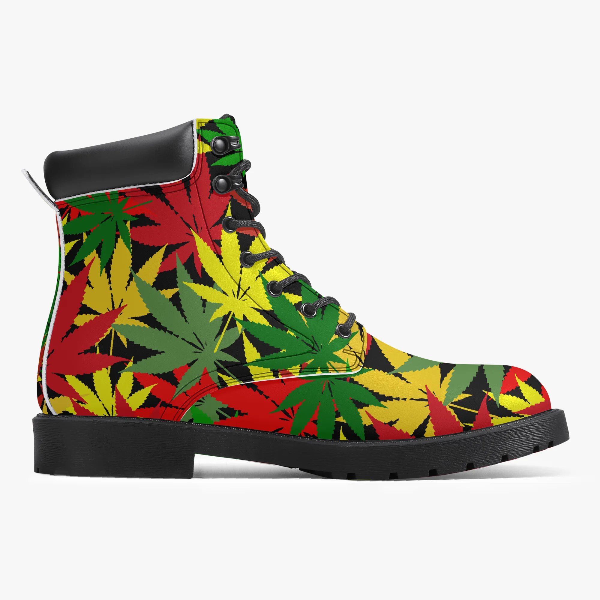 Rasta Hemp Leaf Leather Boots in the Rastafarian Reggae colors. Unisex design non slip sole. Rastaseed Jamaican Reggae and Rasta Clothing and Merchandise. Right inside boot.