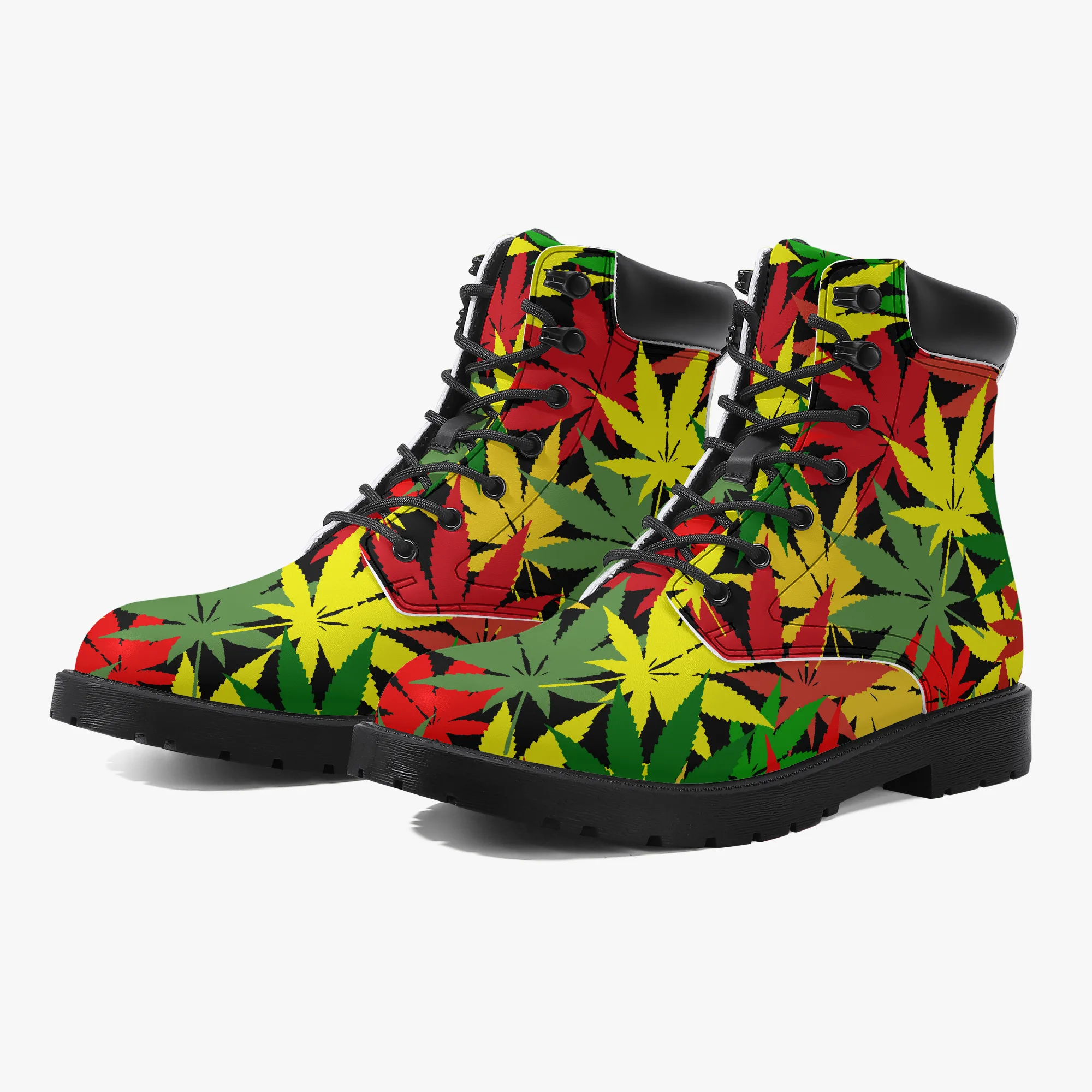 Rasta Hemp Leaf Leather Boots in the Rastafarian Reggae colors. Unisex design non slip sole. Rastaseed Jamaican Reggae and Rasta Clothing and Merchandise.
