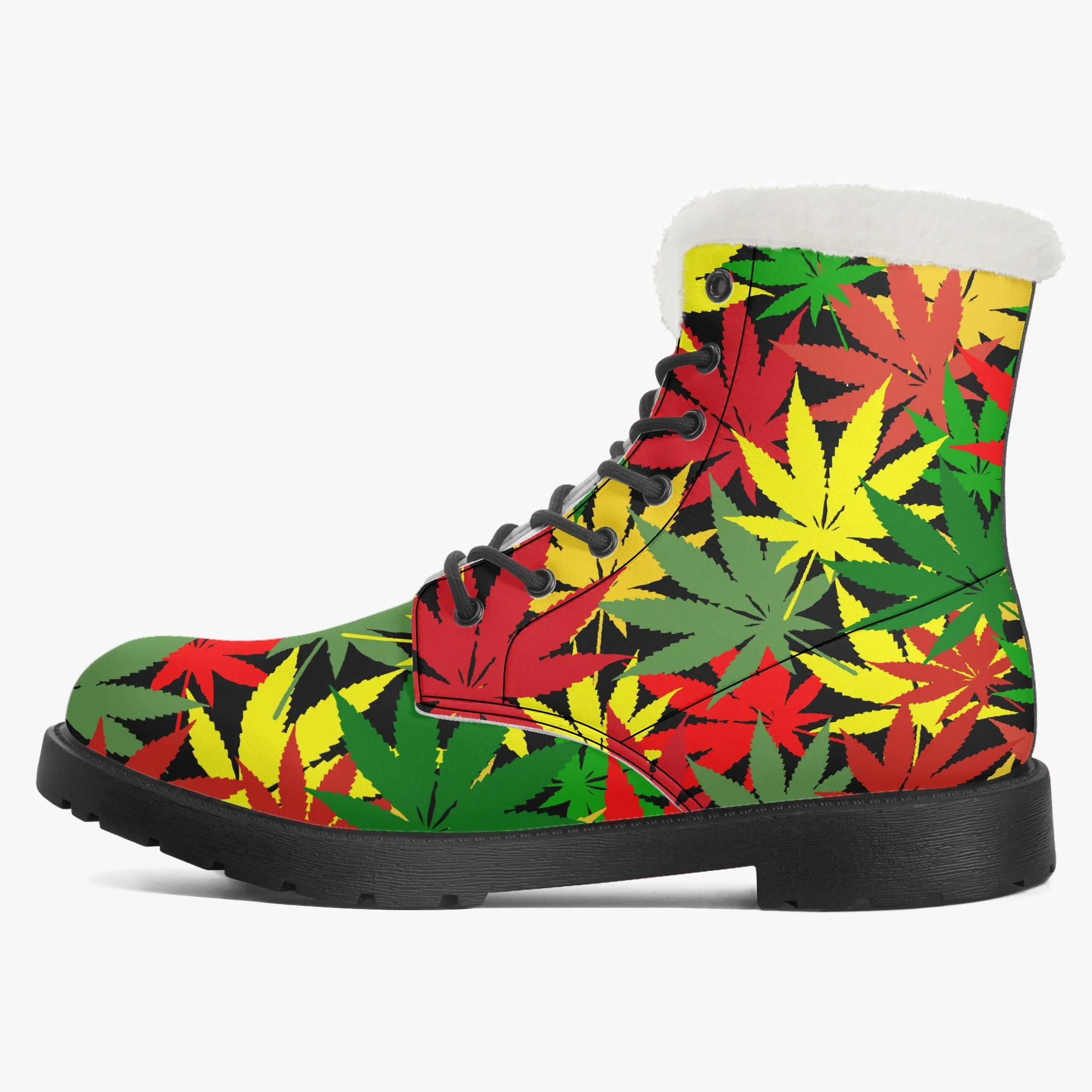 Rasta Hemp Leaf Faux Fur Leather Boots. Hemp leaf pattern in Rastafarian colors. Rastaseed merchandise Jamaican Reggae gear and clothing. Left outside vew