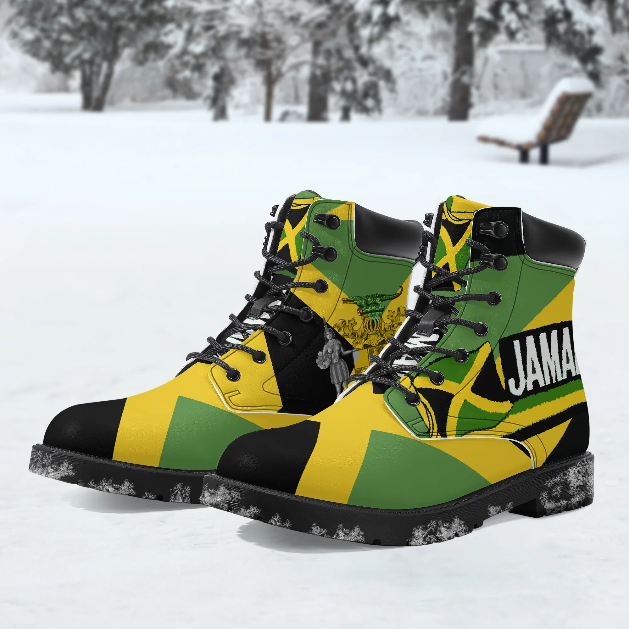 Jamaica Flag Out of Many One People Leather Boots. Unisex casual leather boot. Jamaican pride with flag and coat of arms. Rastasseed Merchandise. Boots Snow view.