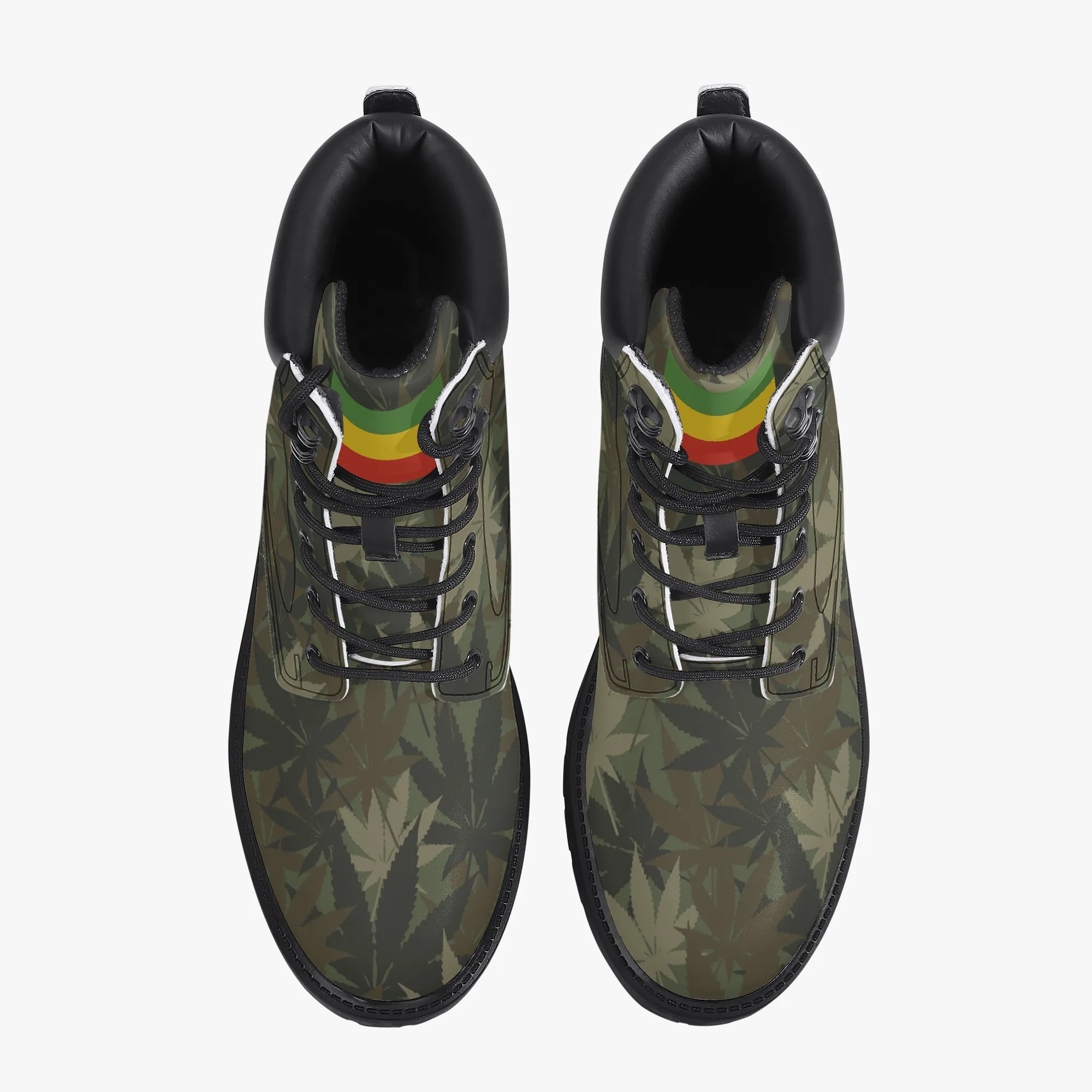 Rasta Gideon Boots in a Hemp Camouflage Pattern with Rasta flag and Lion of Judah trim. Rastaseed original Jamaican clothing shoes and gear. Top view.