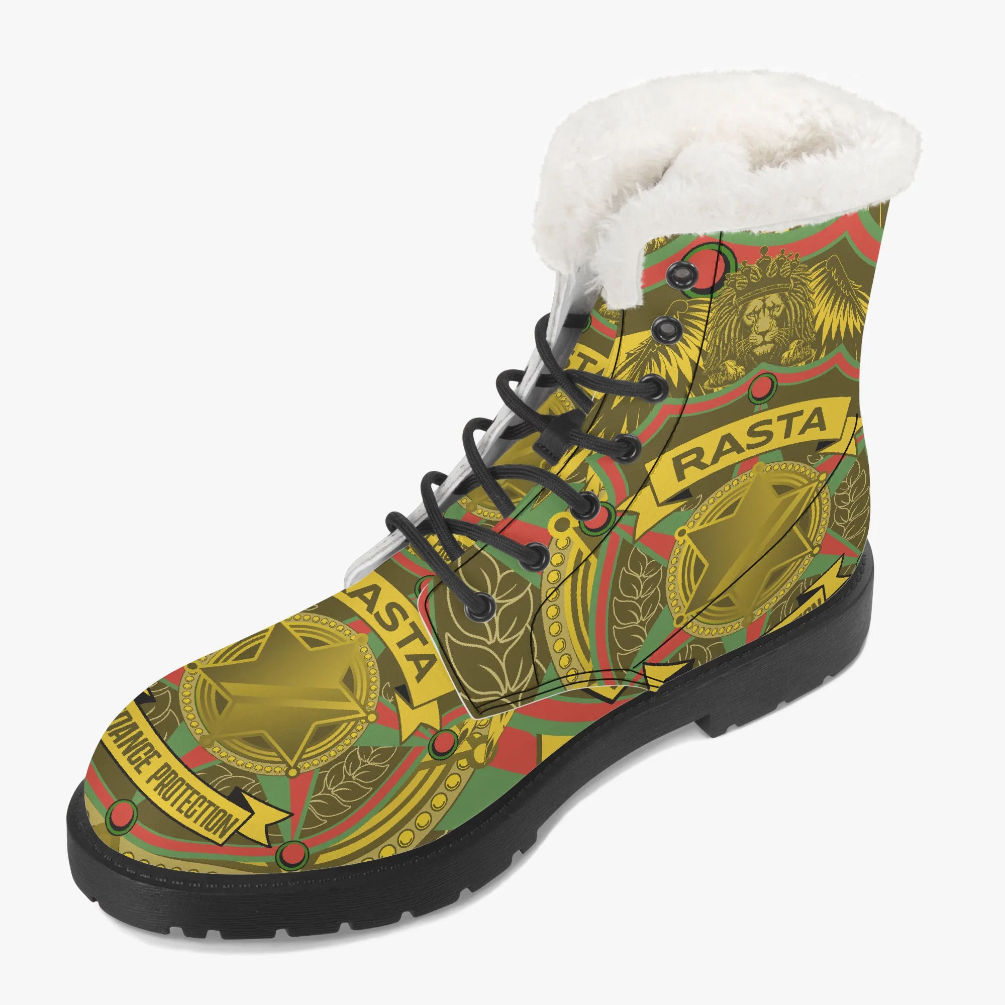 Rasta Soldiers of Jah Army boots. Unisex style made from Leather with faux fur lining and non-slip sole. Rastaseed Boot collection. Jamaican Reggae styles. Right inside view