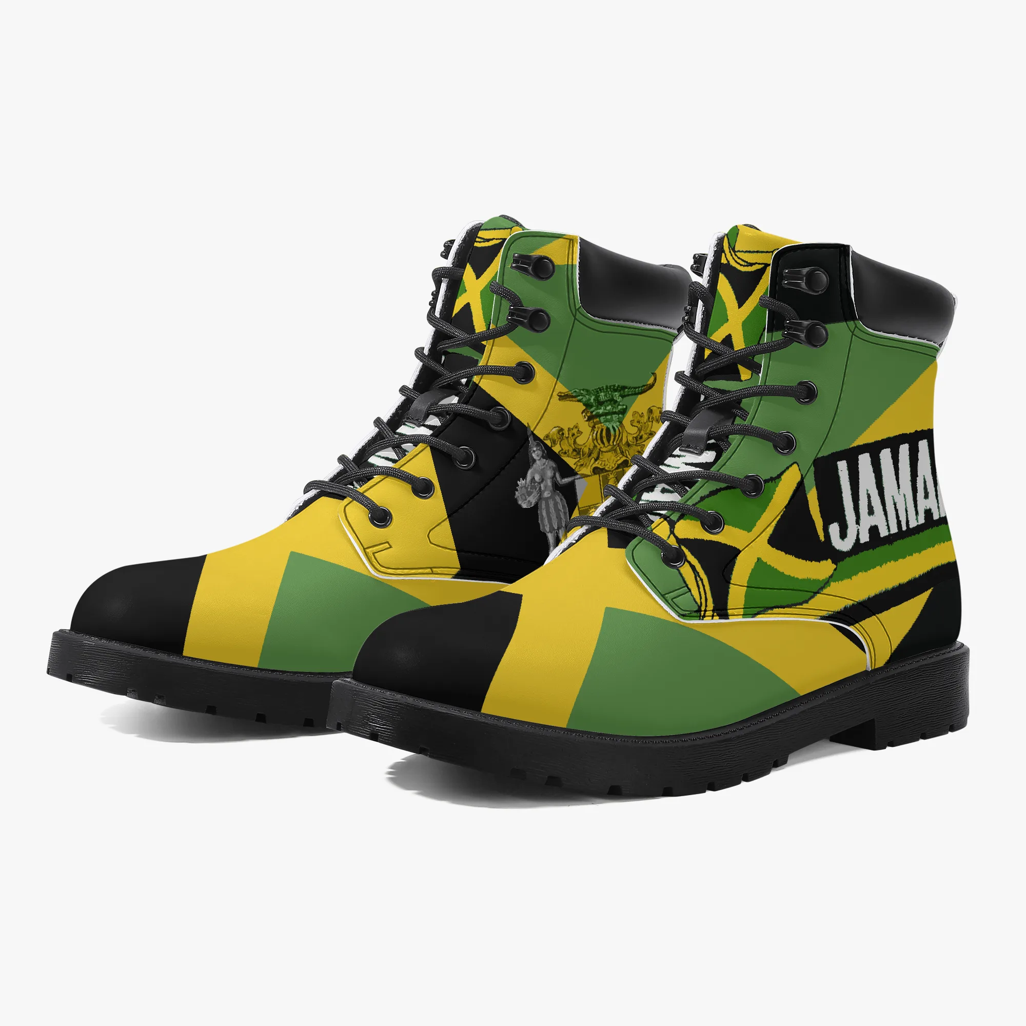 Jamaica Flag Out of Many One People Leather Boots. Unisex casual leather boot. Jamaican pride with flag and coat of arms. Rastasseed Merchandise.. Front side view.