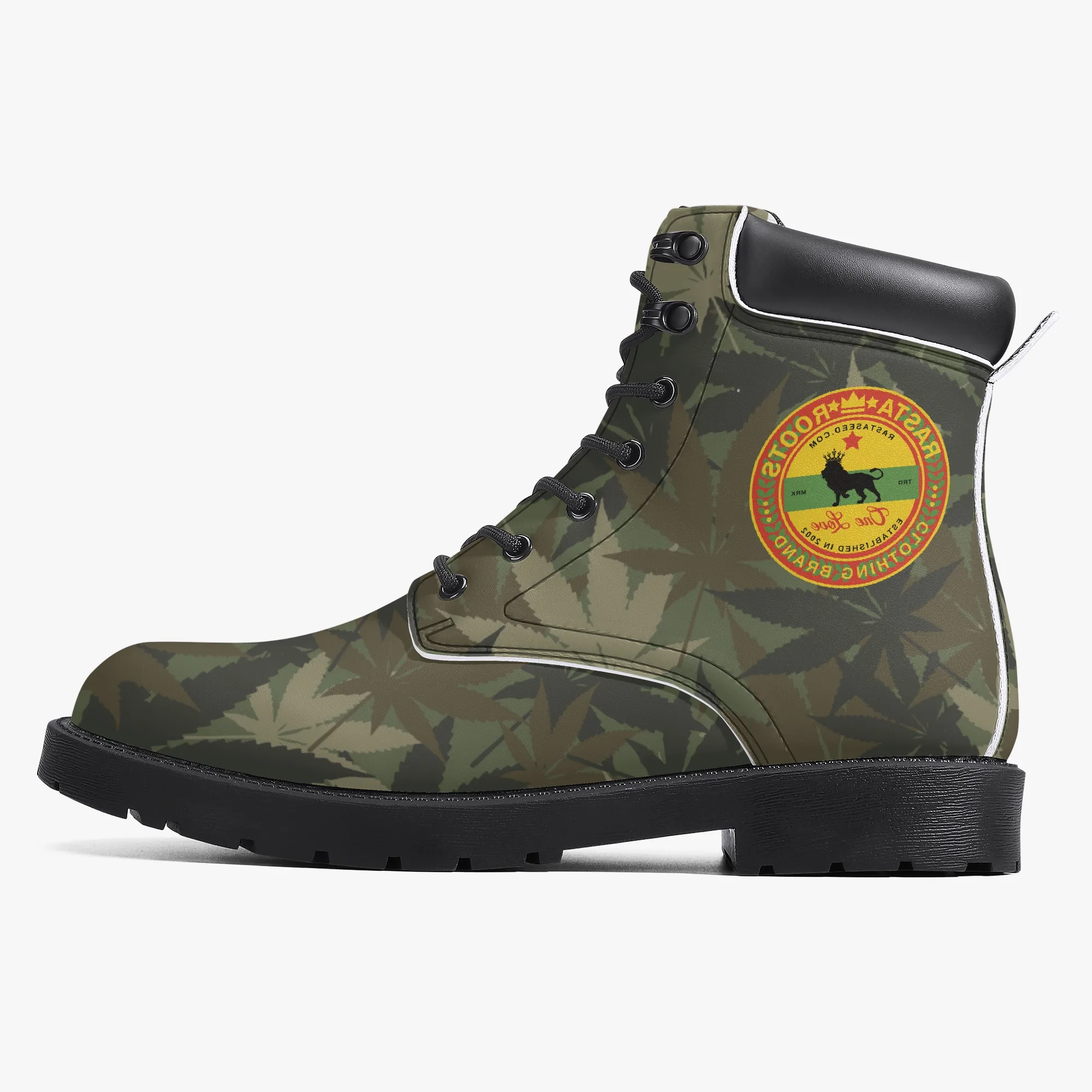 Rasta Gideon Boots in a Hemp Camouflage Pattern with Rasta flag and Lion of Judah trim. Side Left View. Rastaseed original Jamaican clothing shoes and gear.