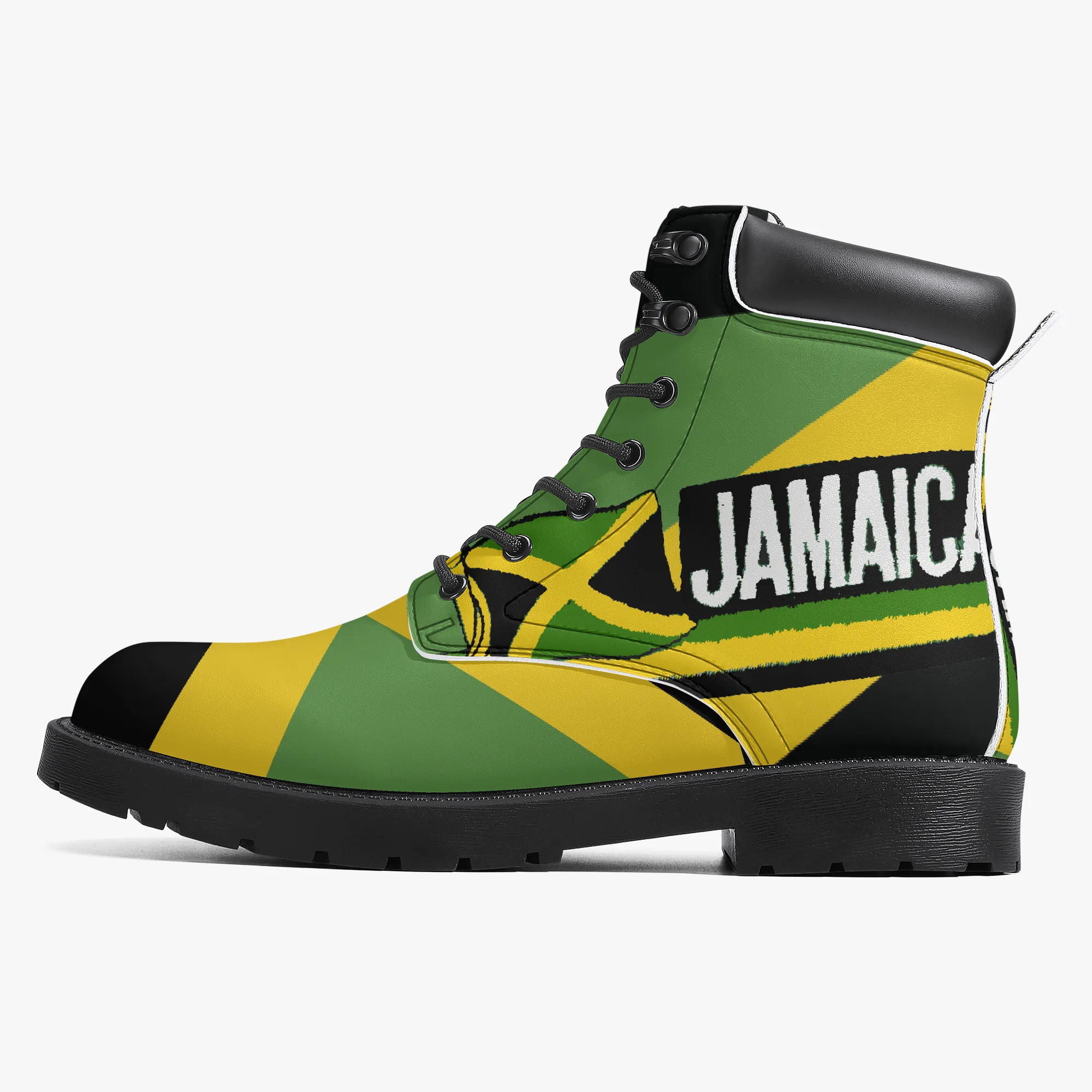 Jamaica Flag Out of Many One People Leather Boots. Unisex casual leather boot. Jamaican pride with flag and coat of arms. Rastasseed Merchandise. Left Outside view Boots.