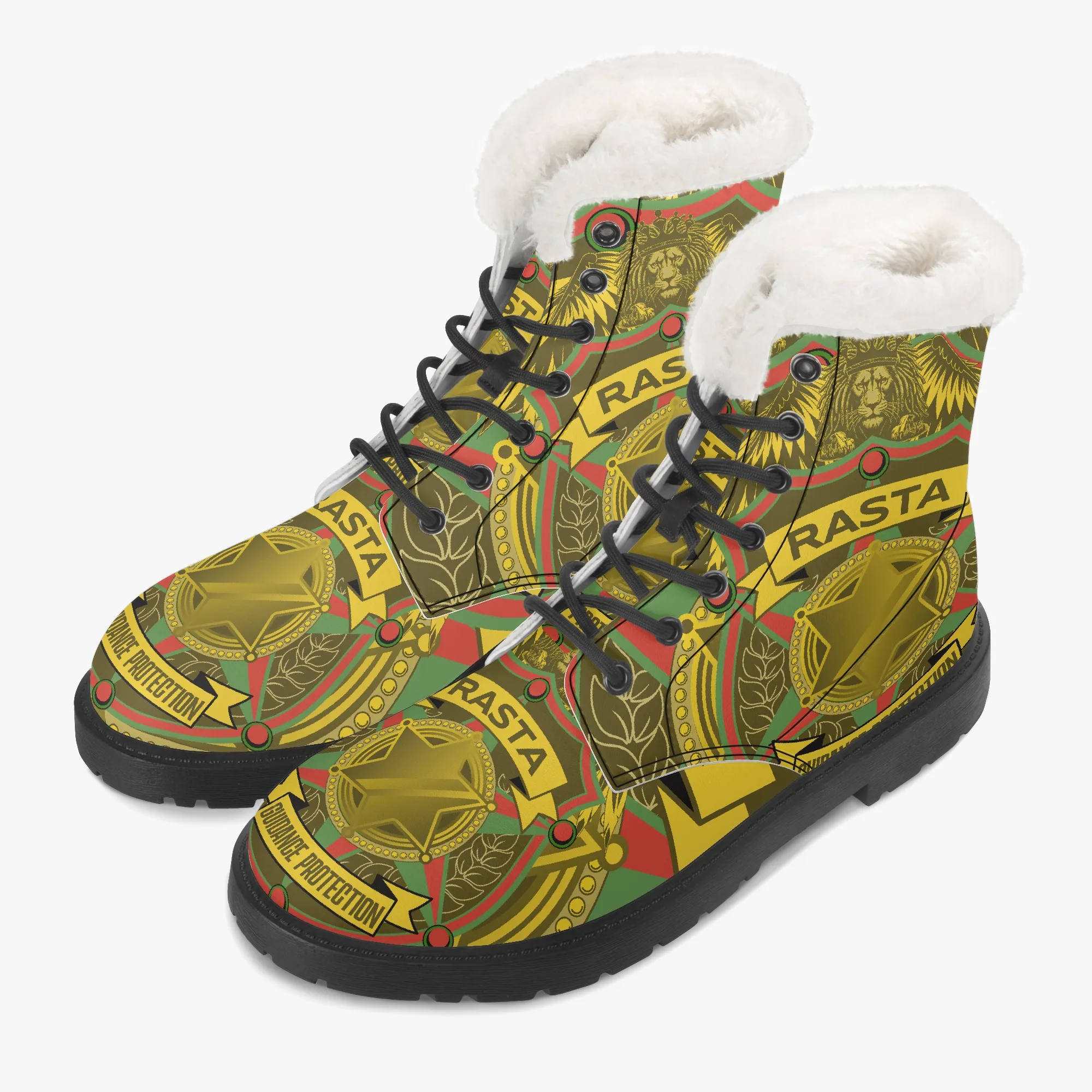 Rasta Soldiers of Jah Army boots. Unisex style made from Leather with faux fur lining and non-slip sole. Rastaseed Boot collection. Jamaican Reggae styles.