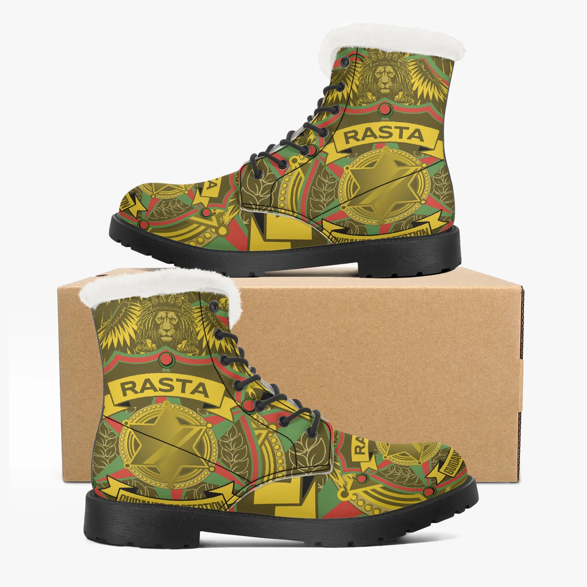 Rasta Soldiers of Jah Army boots. Unisex style made from Leather with faux fur lining and non-slip sole. Rastaseed Boot collection. Jamaican Reggae styles. Boots box view.