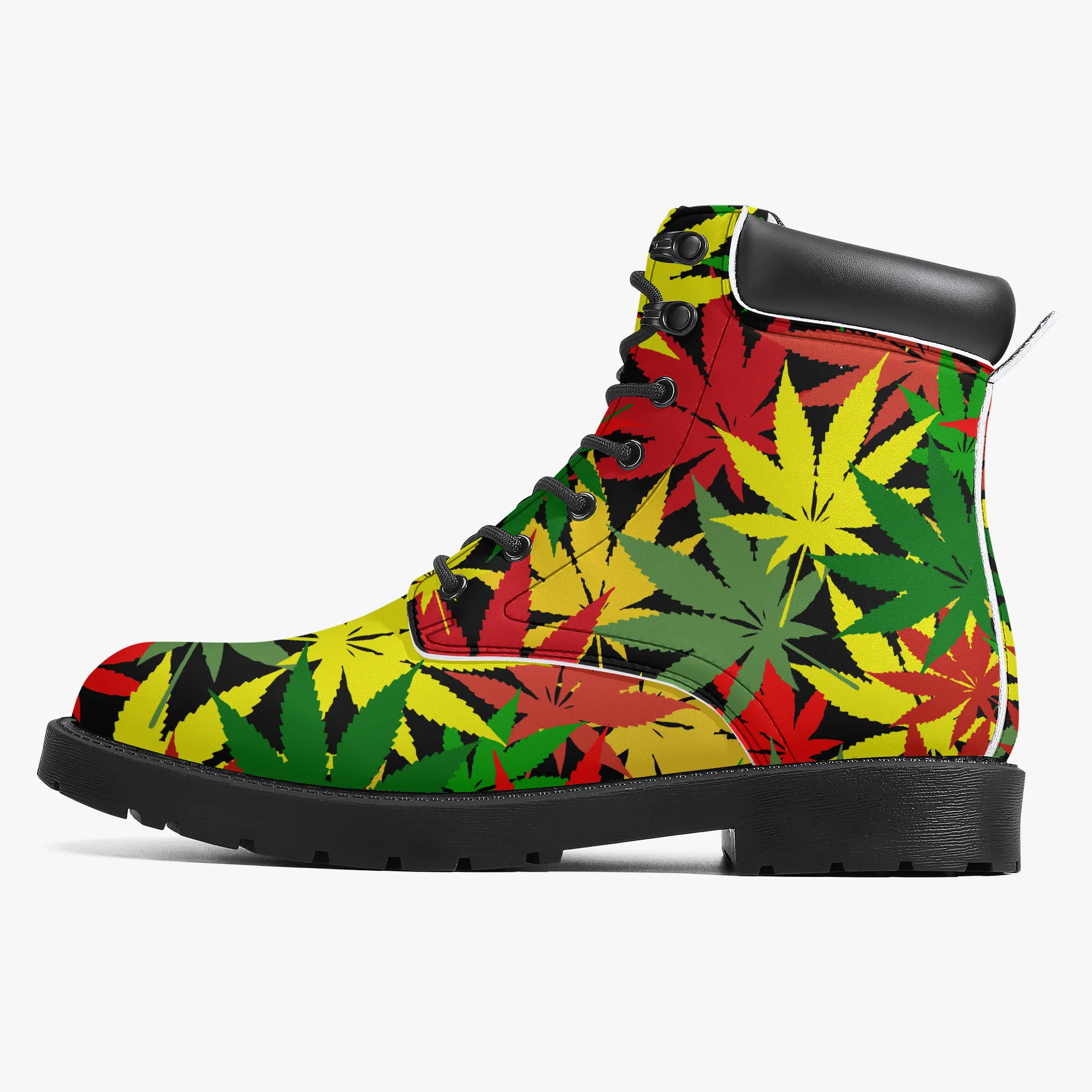 Rasta Hemp Leaf Leather Boots in the Rastafarian Reggae colors. Unisex design non slip sole. Rastaseed Jamaican Reggae and Rasta Clothing and Merchandise. Right outside boot.