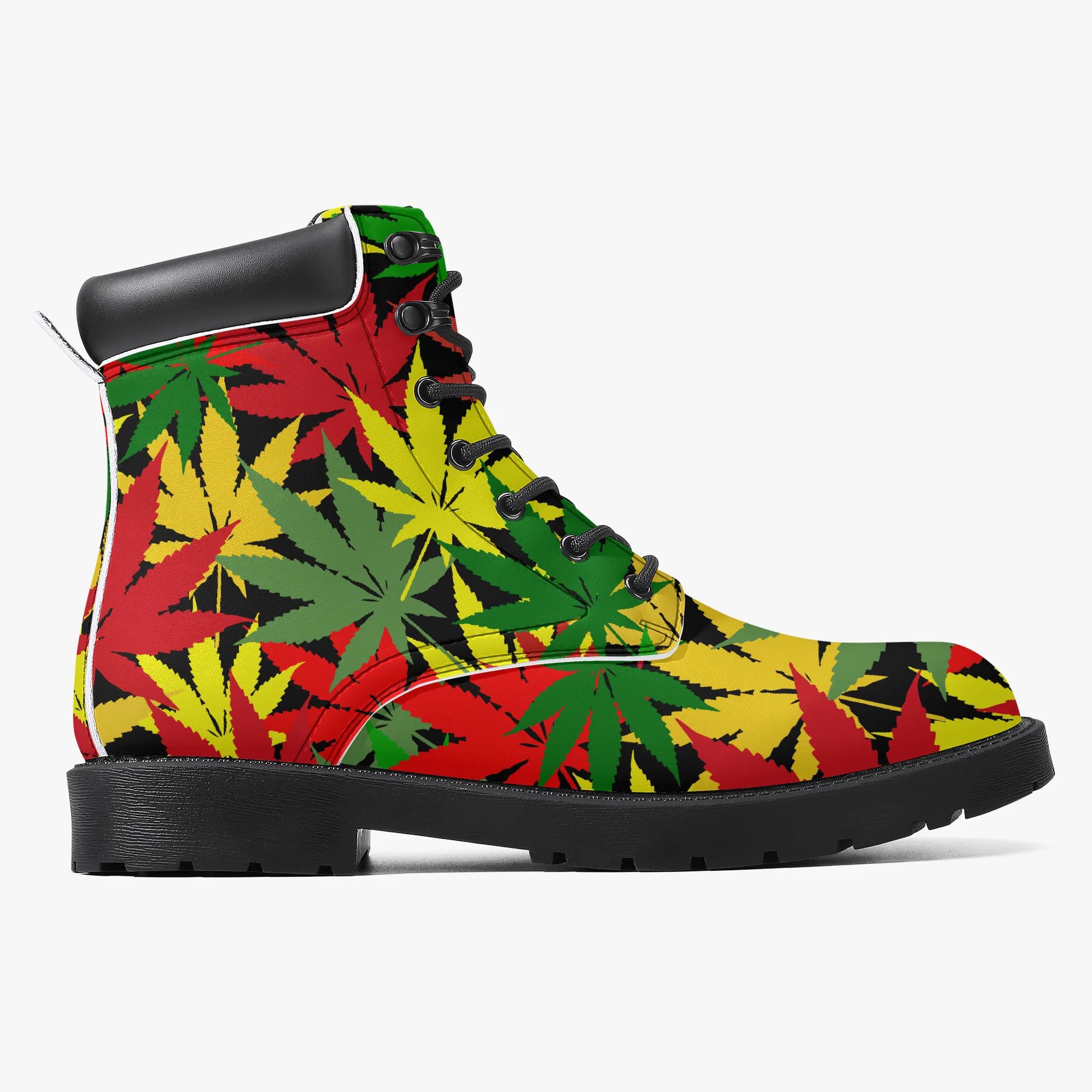 Rasta Hemp Leaf Leather Boots in the Rastafarian Reggae colors. Unisex design non slip sole. Rastaseed Jamaican Reggae and Rasta Clothing and Merchandise. Left inside boot.
