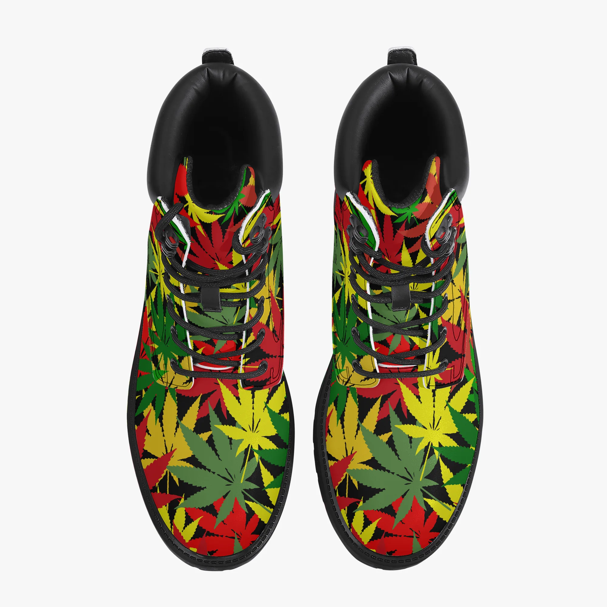 Rasta Hemp Leaf Leather Boots in the Rastafarian Reggae colors. Unisex design non slip sole. Rastaseed Jamaican Reggae and Rasta Clothing and Merchandise. Boots top view.