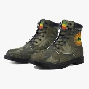 Rasta Gideon Boots in a Hemp Camouflage Pattern with Rasta flag and Lion of Judah trim. Rastaseed original Jamaican clothing shoes and gear. Front side view.