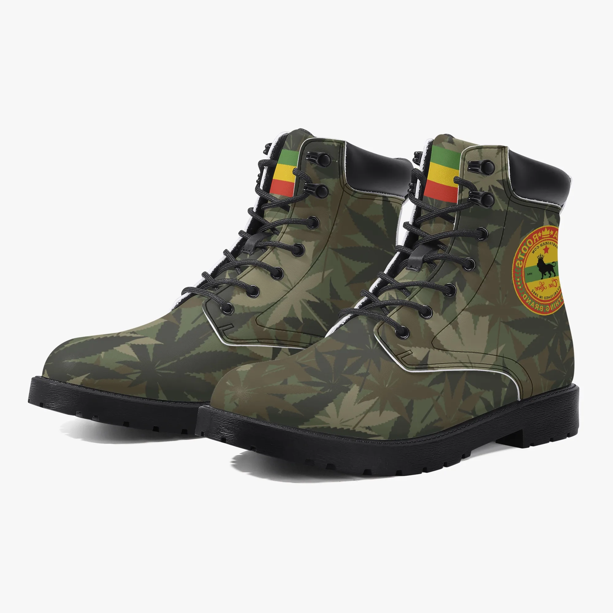 Rasta Gideon Boots in a Hemp Camouflage Pattern with Rasta flag and Lion of Judah trim. Rastaseed original Jamaican clothing shoes and gear. Front side view.