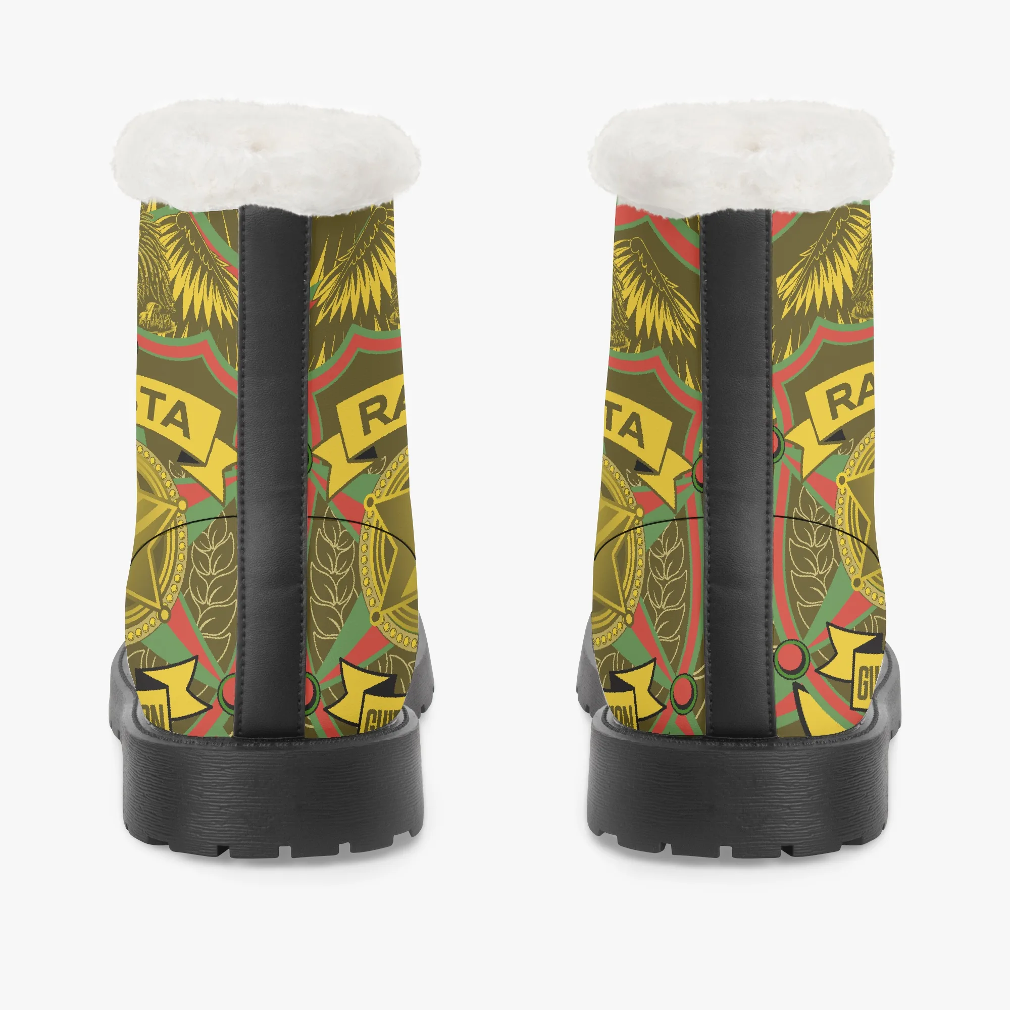 Rasta Soldiers of Jah Army boots. Unisex style made from Leather with faux fur lining and non-slip sole. Rastaseed Boot collection. Jamaican Reggae styles. Boots back view.