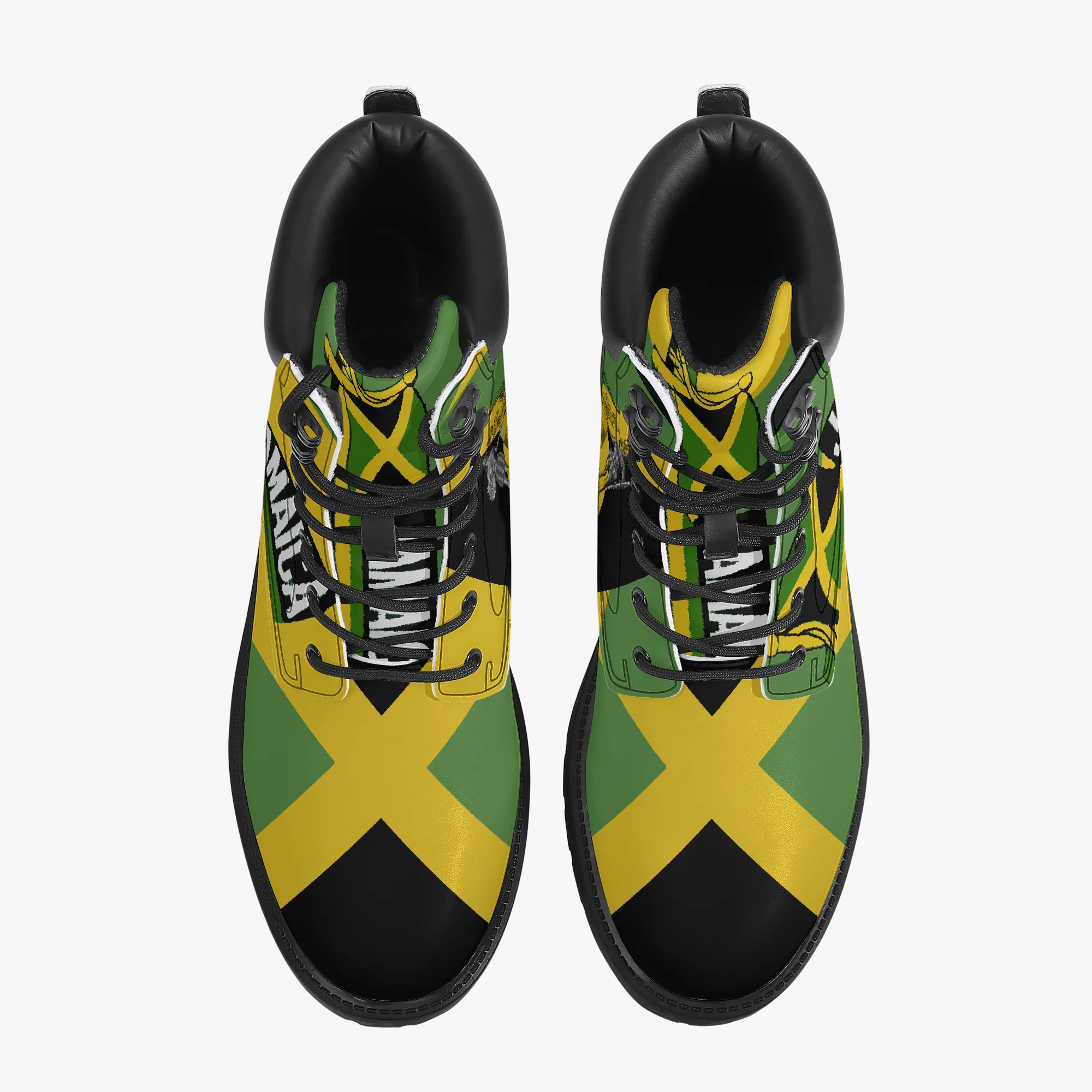 Jamaica Flag Out of Many One People Leather Boots. Unisex casual leather boot. Jamaican pride with flag and coat of arms. Rastasseed Merchandise. boots top view
