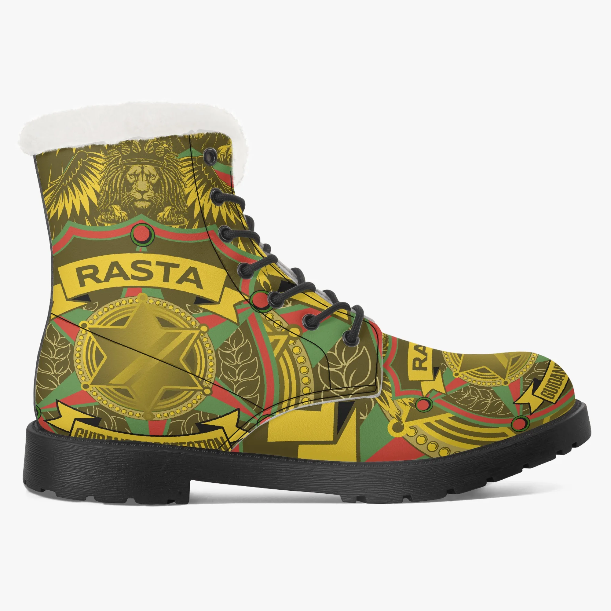 Rasta Soldiers of Jah Army boots. Unisex style made from Leather with faux fur lining and non-slip sole. Rastaseed Boot collection. Jamaican Reggae styles. Left inside view
