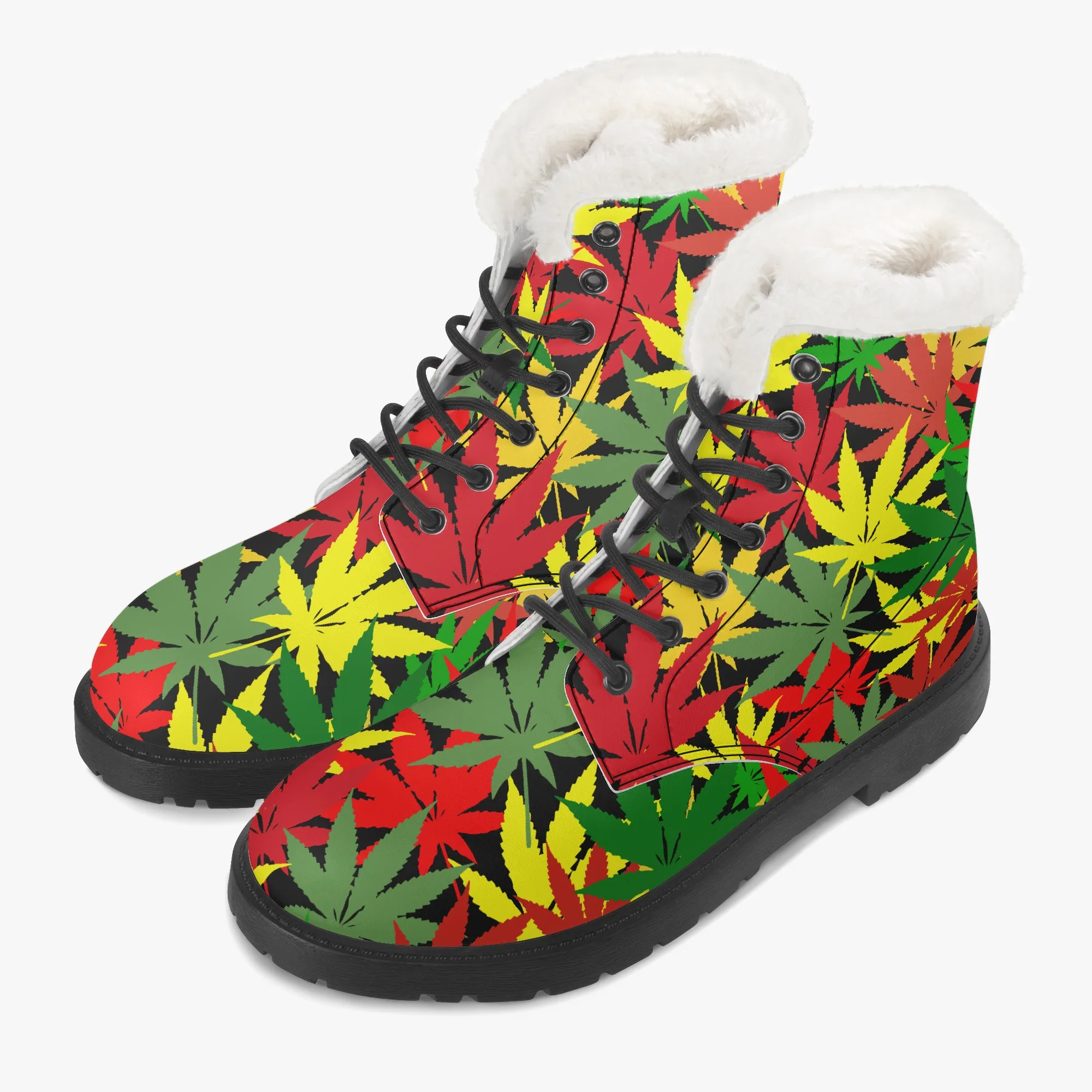 Rasta Hemp Leaf Faux Fur Leather Boots. Hemp leaf pattern in Rastafarian colors. Rastaseed merchandise Jamaican Reggae gear and clothing. Boots front view