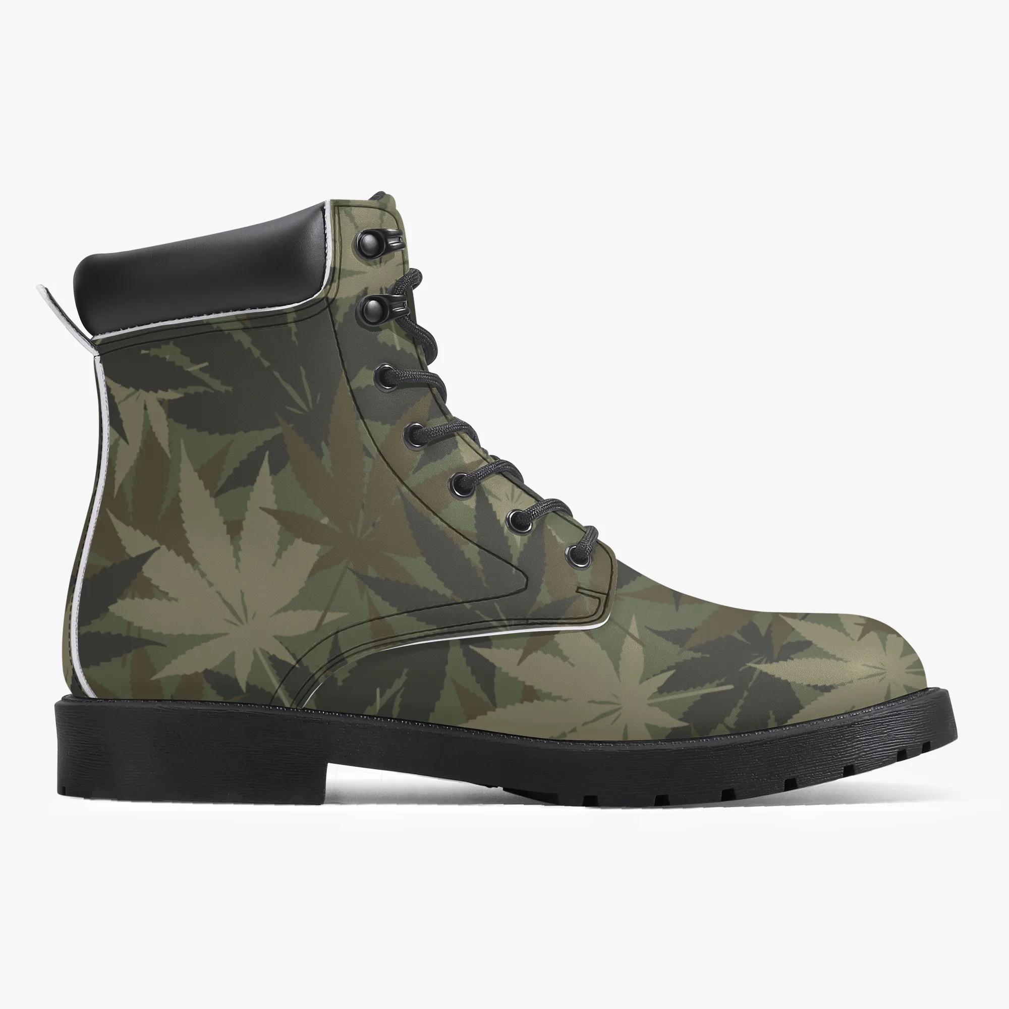 Rasta Gideon Boots in a Hemp Camouflage Pattern with Rasta flag and Lion of Judah trim. Rastaseed original Jamaican clothing shoes and gear. Right inside view.