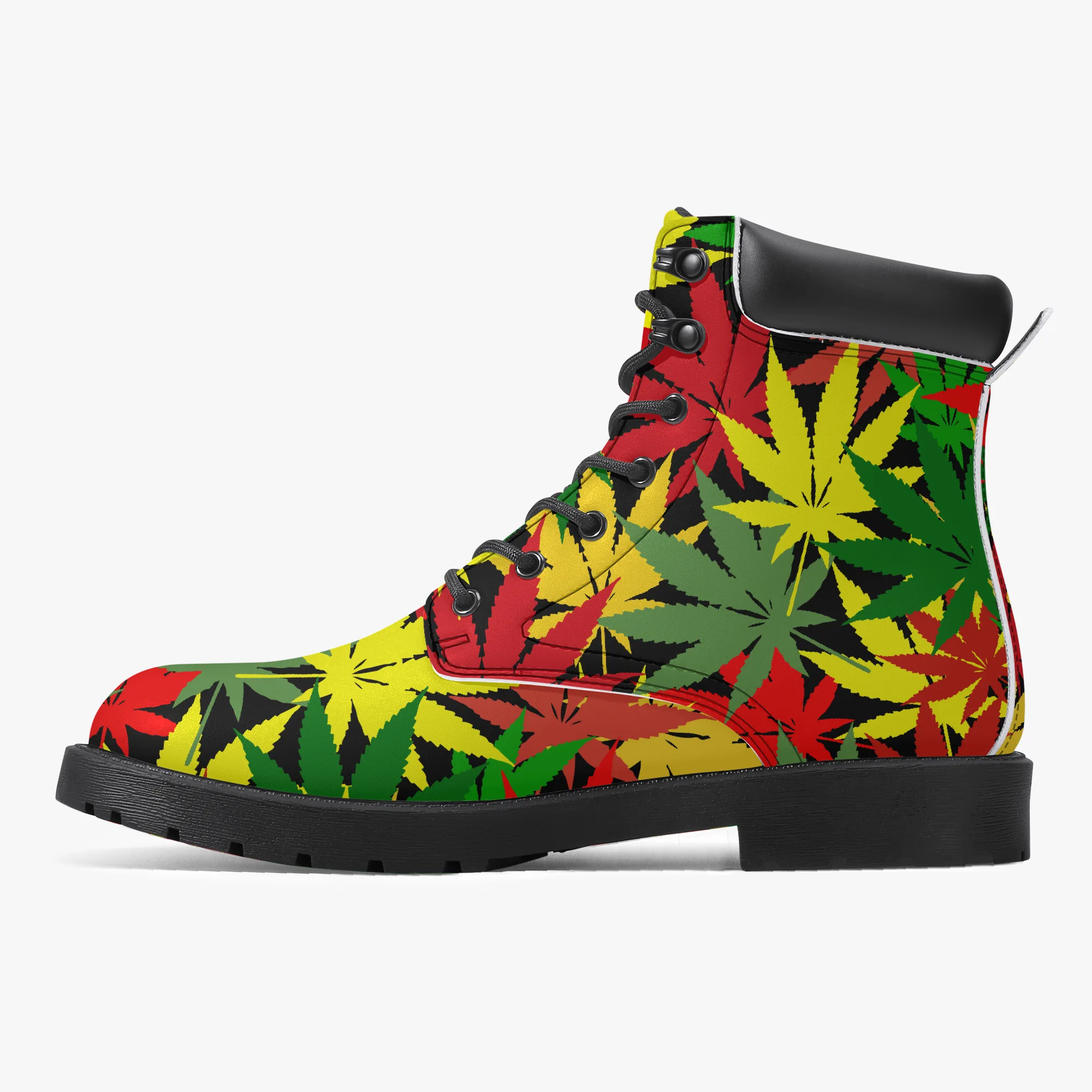 Rasta Hemp Leaf Leather Boots in the Rastafarian Reggae colors. Unisex design non slip sole. Rastaseed Jamaican Reggae and Rasta Clothing and Merchandise. Left outside boot.