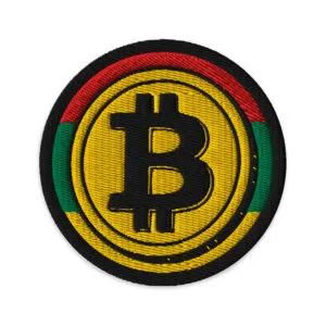 Rasta Bitcoin Patch embroidered in Rastafarian colors. Rastaseed merchandise, clothing and accessories. Support the new money system.