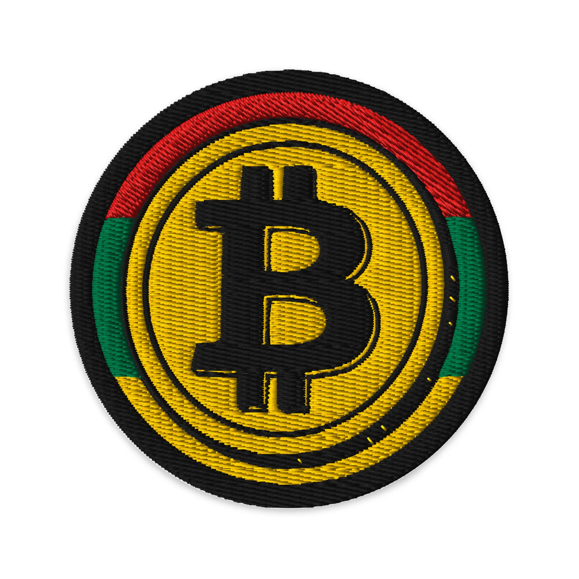 Rasta Bitcoin Patch embroidered in Rastafarian colors. Rastaseed merchandise, clothing and accessories. Support the new money system.