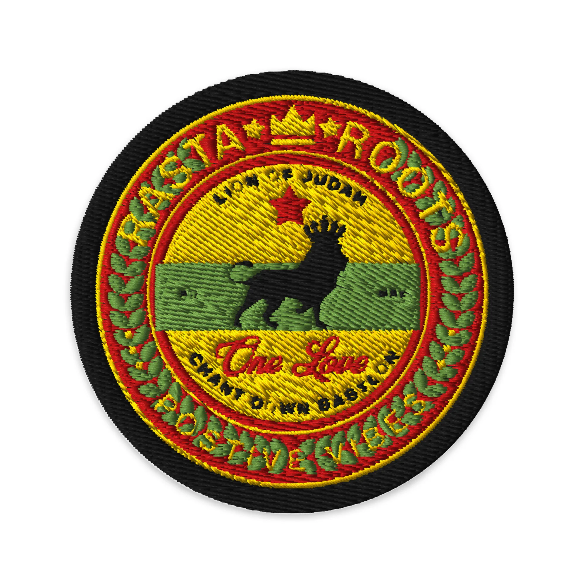 Rasta Roots Patch embroidered in the Rastafarian colors with Lion of Judah, One Love and Chant Down Babylon detail. Rastaseed Reggae Merchandise.