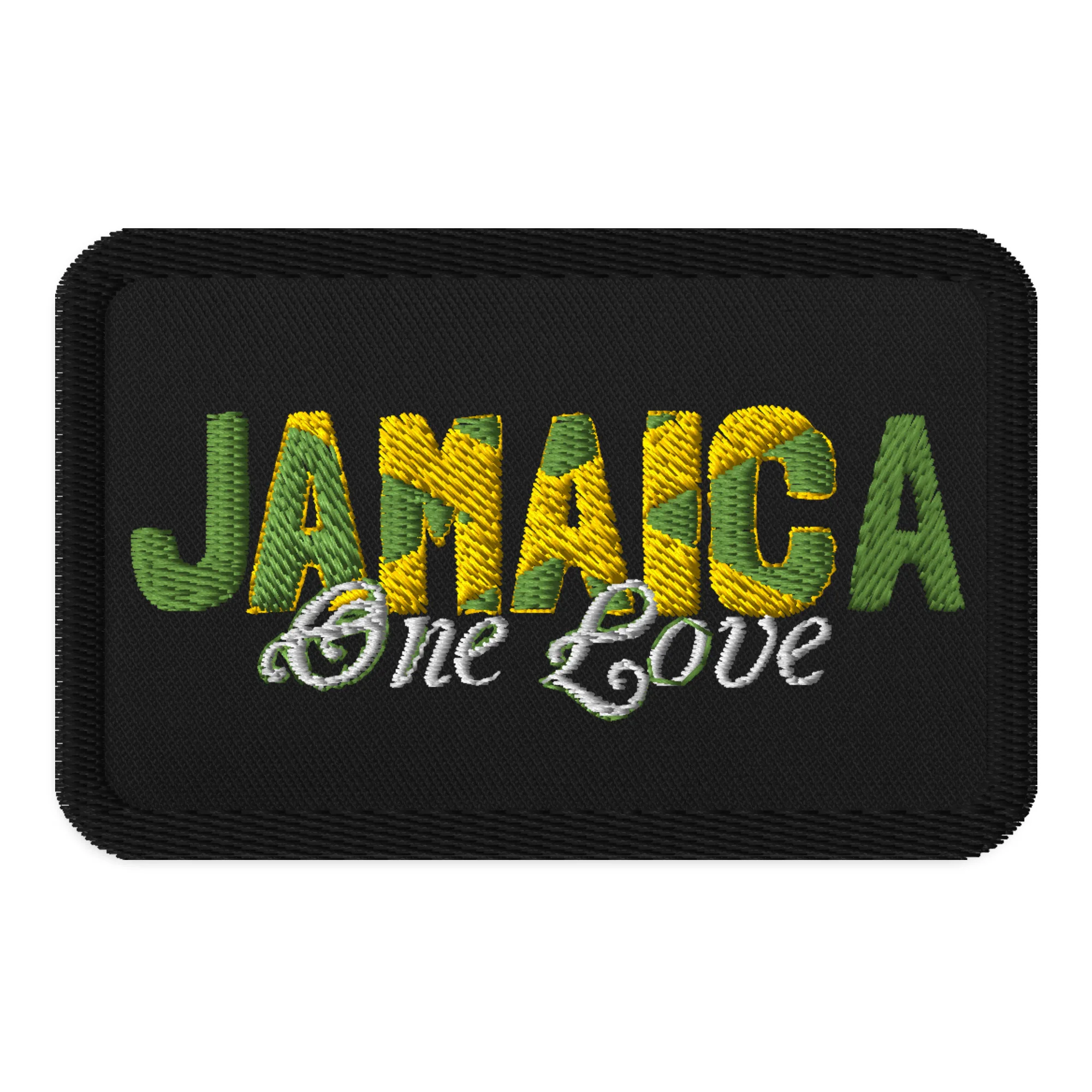 Jamaica One Love Patch embroidered in the Jamaican colors. Rastaseed Jamaican, Reggae and Rastafarian merchandise clothing and accessories.