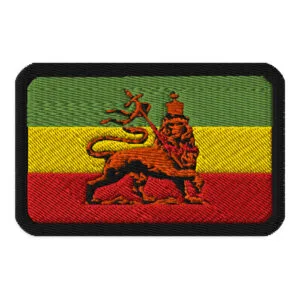 Rasta Lion of Judah Patch embroidered in the Rastafarian colors. Rastaseed Reggae, Jamaican and Rastafari merchandise, clothing and accessories.