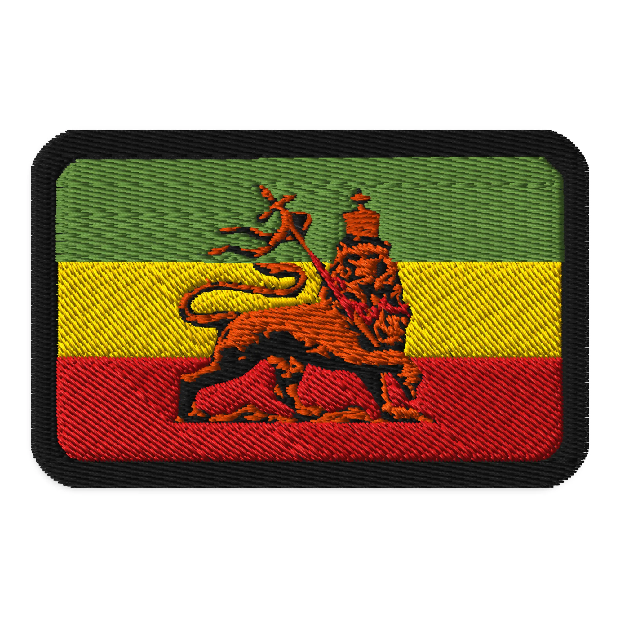 Rasta Lion of Judah Patch embroidered in the Rastafarian colors. Rastaseed Reggae, Jamaican and Rastafari merchandise, clothing and accessories.