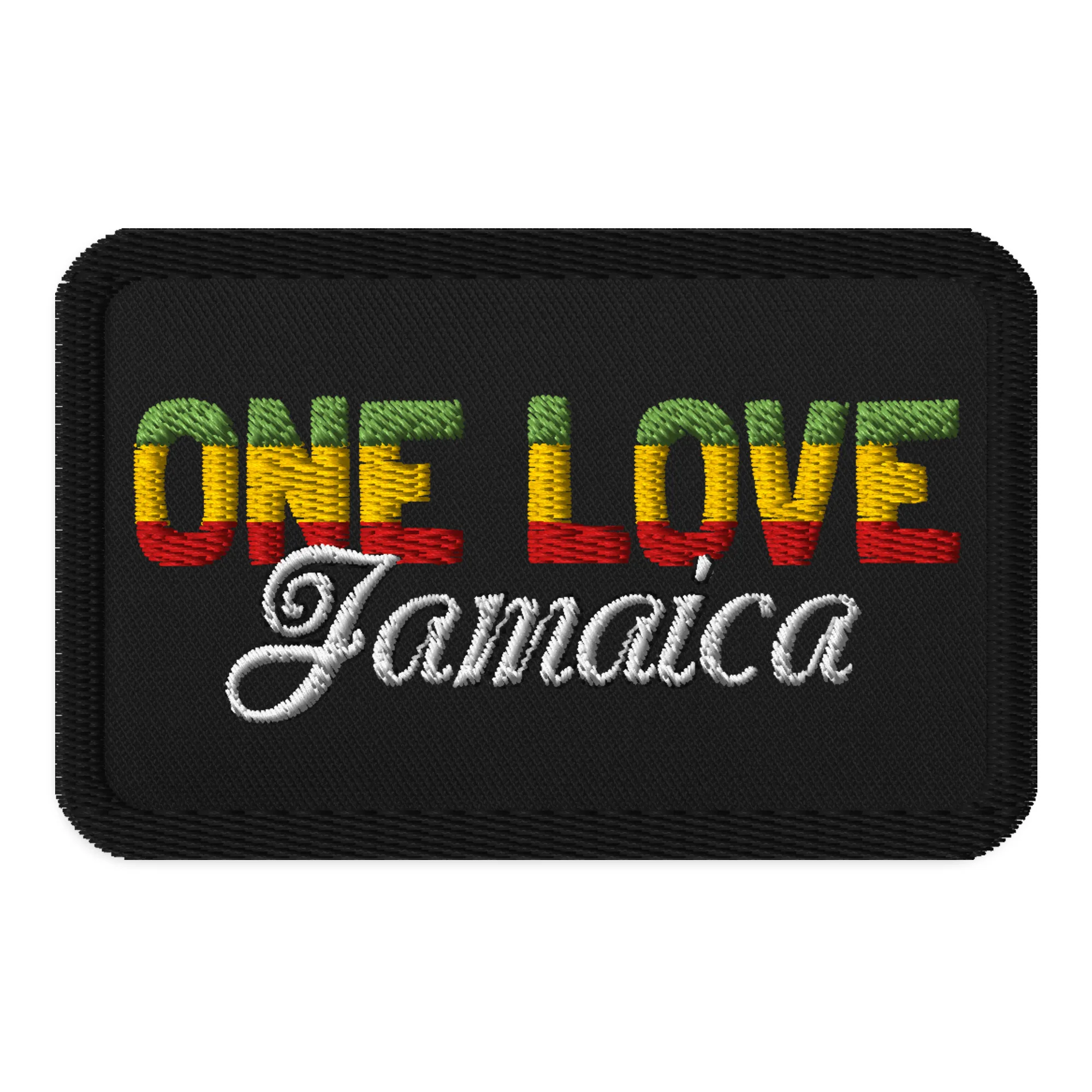 One Love Jamaica Patch embroidered in the Rastafarian colors. Rastaseed Jamaican Reggae and Rastafarian clothing merchandise and accessories.