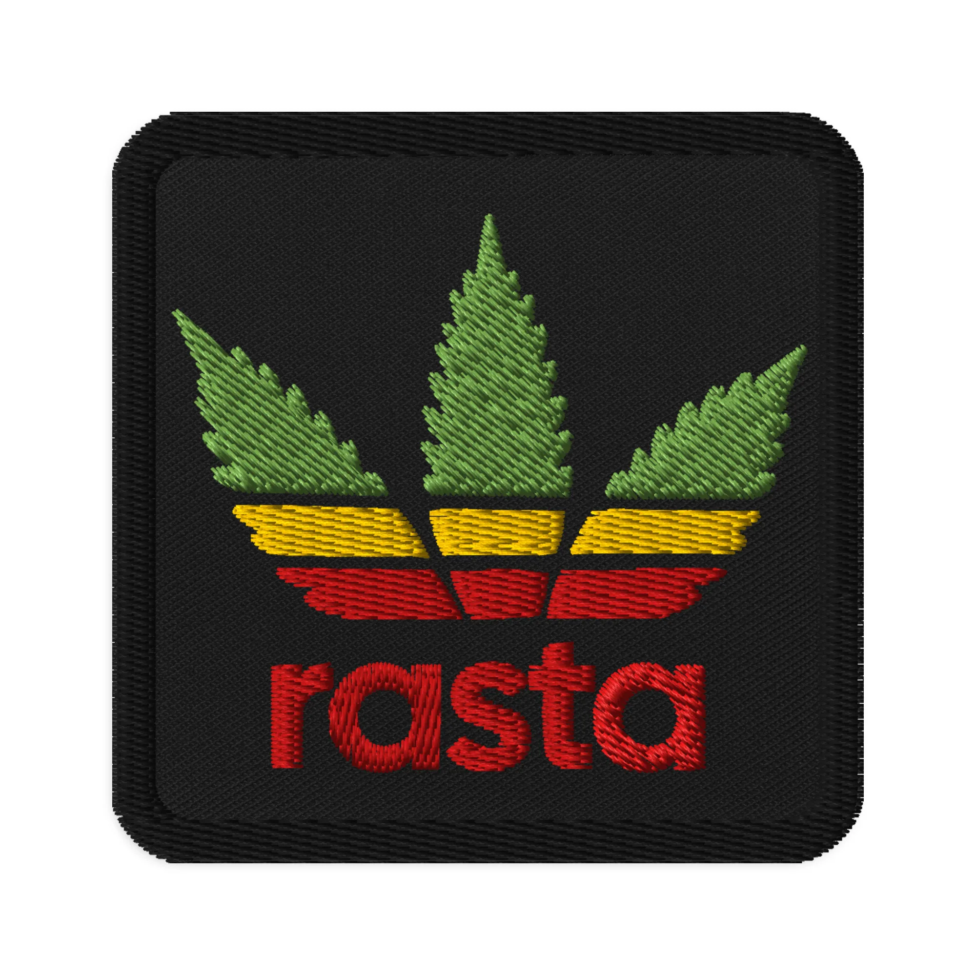 Rasta patch to nice up your outfit by adding an eye-catching embroidered detail. Rasta colors with half cannabis leaf. Rastaseed Rasta Gear.