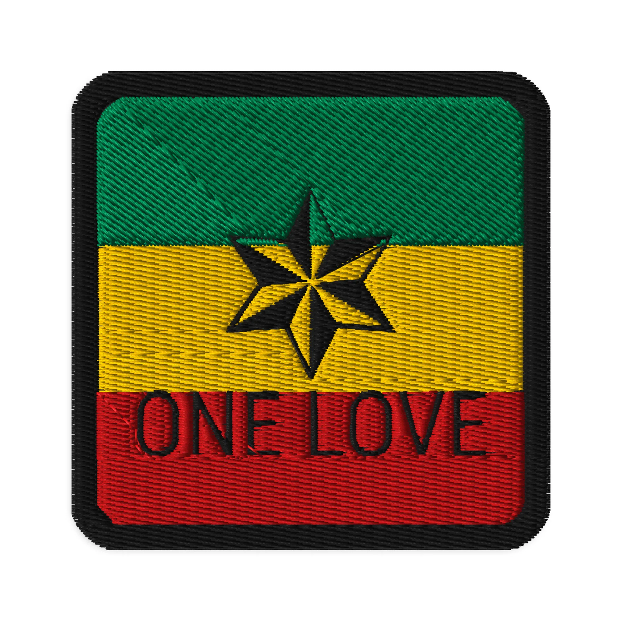 Rasta One Love Patch embroidered with the Rasta colors, one love and six pointed chevron star detail. Rastaseed Clothing Merchandise and Accessories.