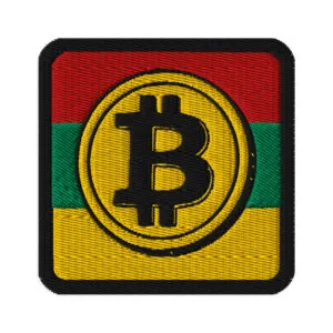 Rasta Bitcoin Square patch embroidered in Rastafarian colors. Rastaseed original merchandise, clothing and accessories. Support financial soveriegnty.