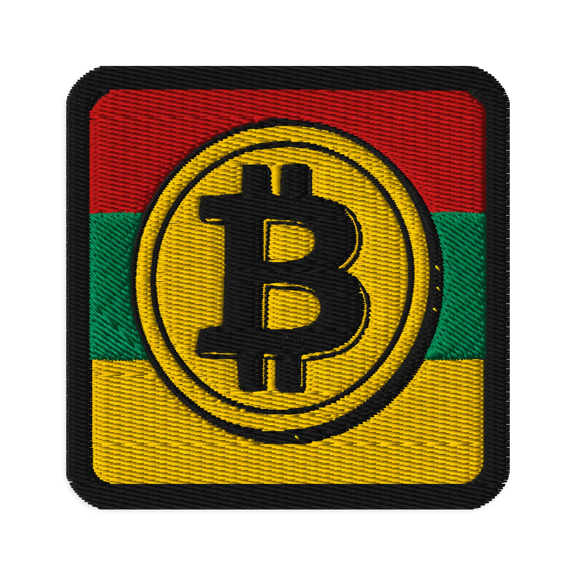 Rasta Bitcoin Square patch embroidered in Rastafarian colors. Rastaseed original merchandise, clothing and accessories. Support financial soveriegnty.