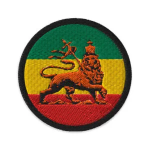 Rasta Lion of Judah Round Patch embroidered in Rasta colors. Ethiopian Lion of Judah representing Haile Selassie King of Kings. Rastaseed Rasta Gear.