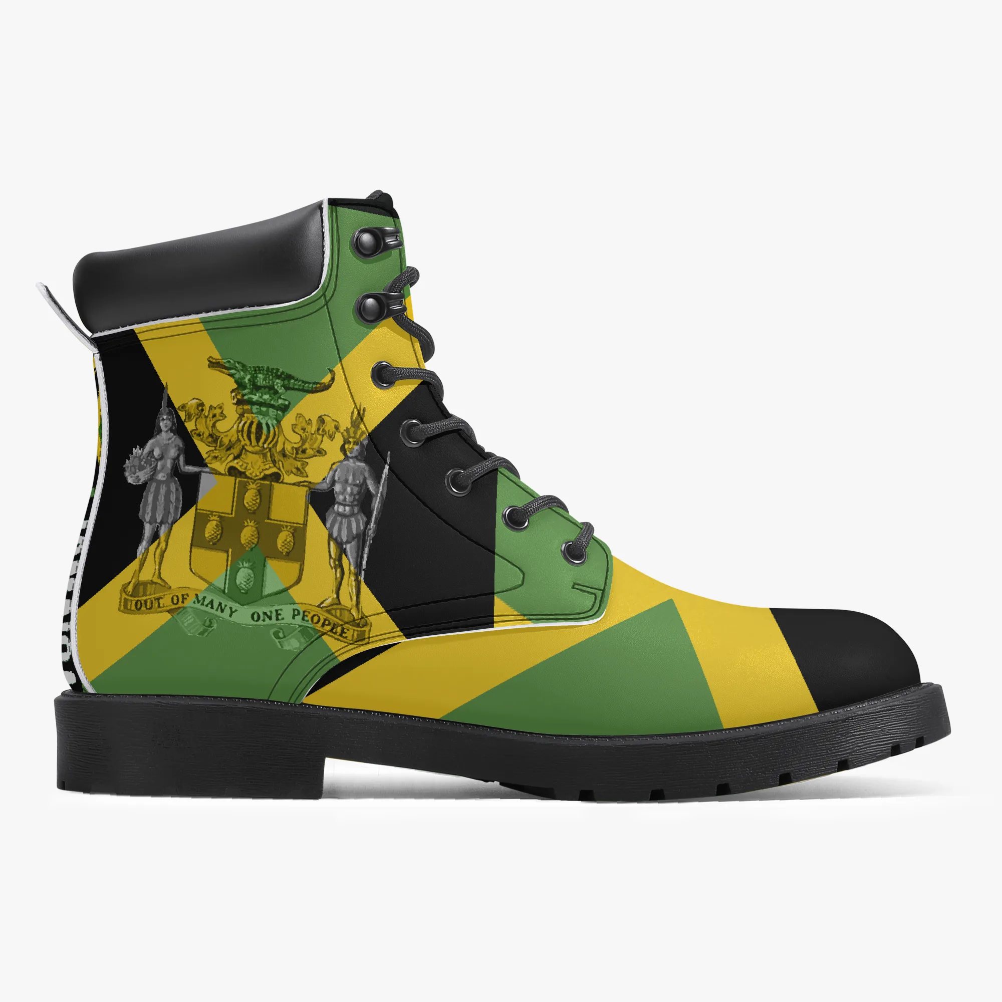Jamaica Flag Out of Many One People Leather Boots. Unisex casual leather boot. Jamaican pride with flag and coat of arms. Rastasseed Merchandise. Left inside view.