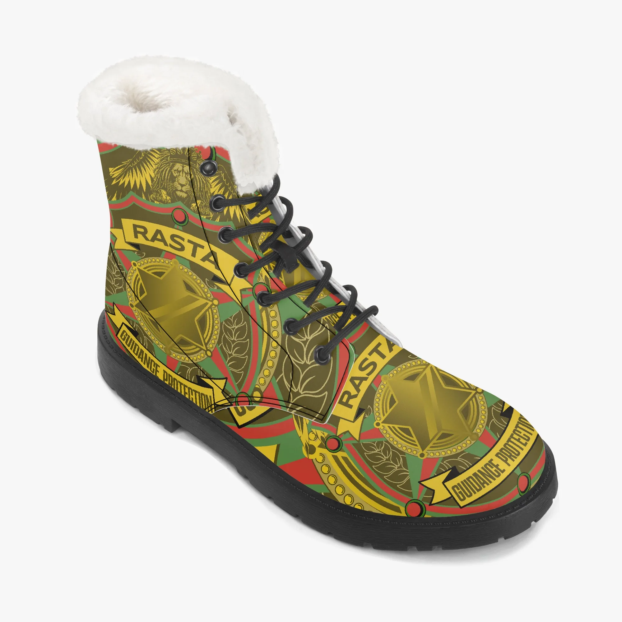 Rasta Soldiers of Jah Army boots. Unisex style made from Leather with faux fur lining and non-slip sole. Rastaseed Boot collection. Jamaican Reggae styles. Right outside view.