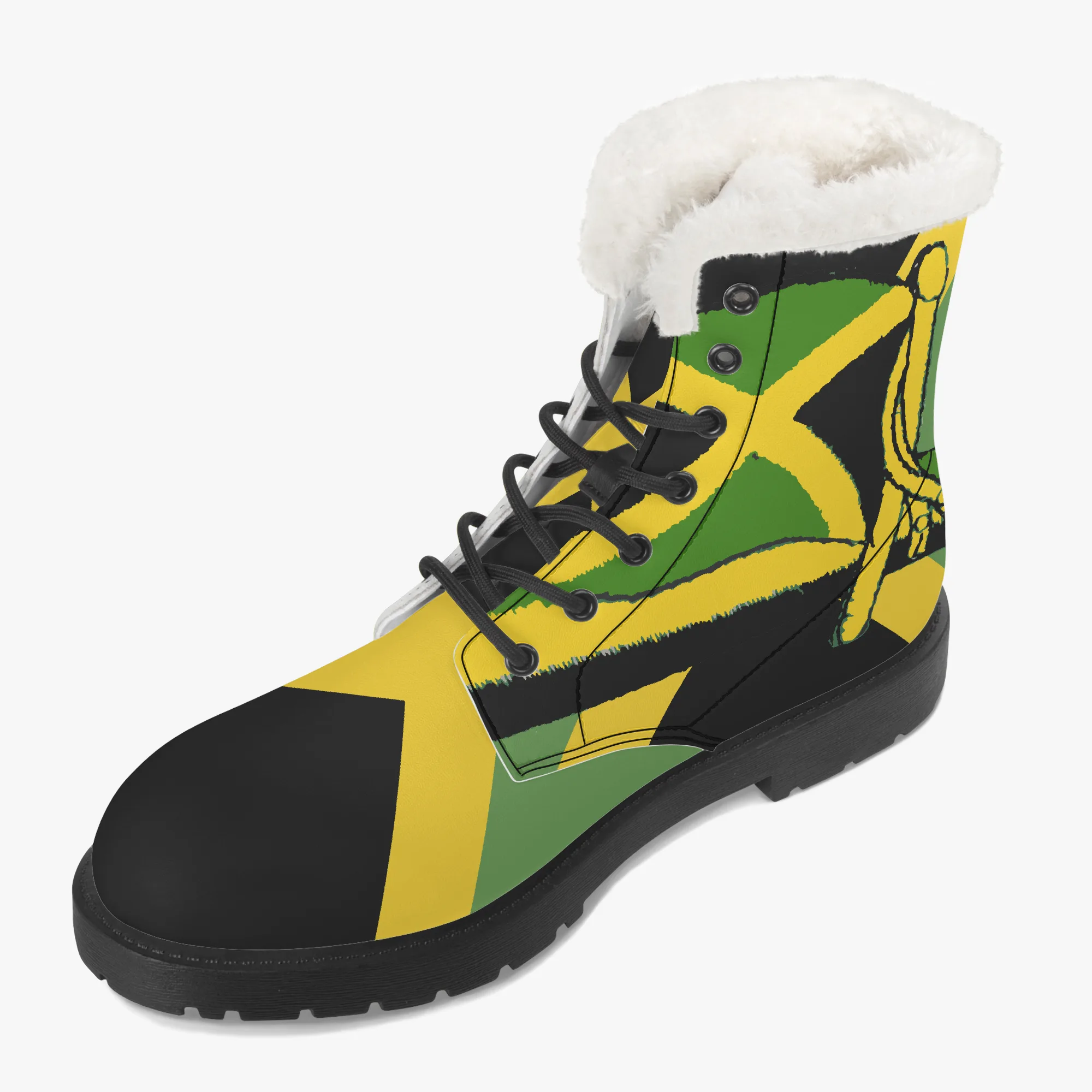 Jamaican Fur Lined Leather Boots, Jamaica flag design. Rastaseed Rastafarian, Reggae mercandise. Faux fur with black sole.Left outside view
