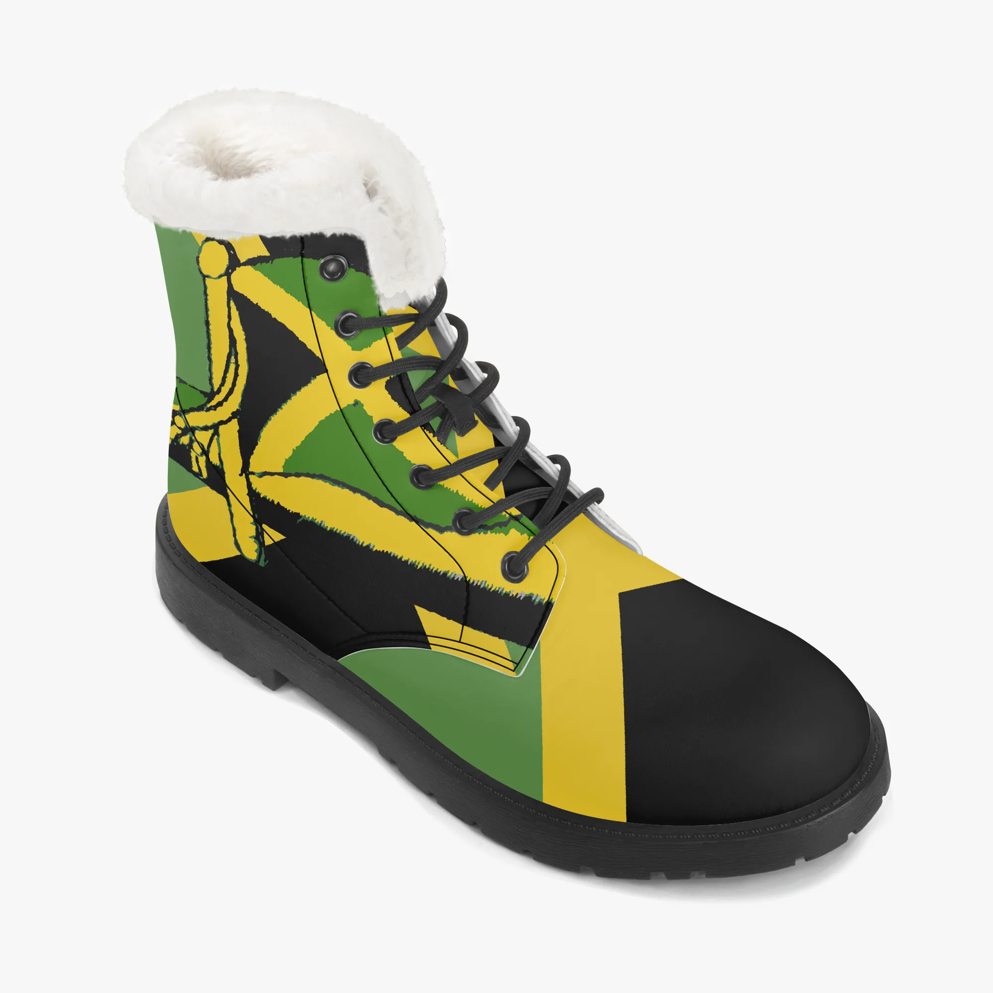Jamaican Fur Lined Leather Boots, Jamaica flag design. Rastaseed Rastafarian, Reggae mercandise. Faux fur with black sole.Left outside view